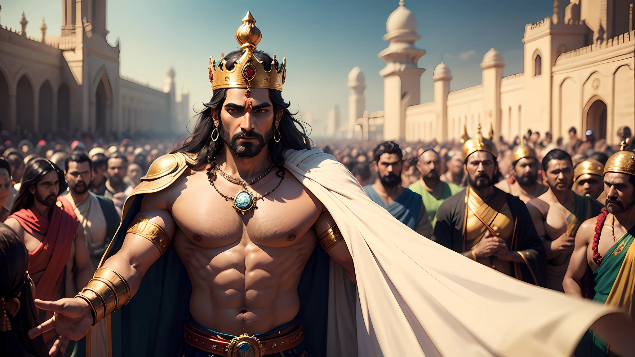 Shiva the indian god , 8k ultra realistic ,a kingdom , king show his crown in taking in hand with front of many crowd peoples , king is happy with all happy kingdom