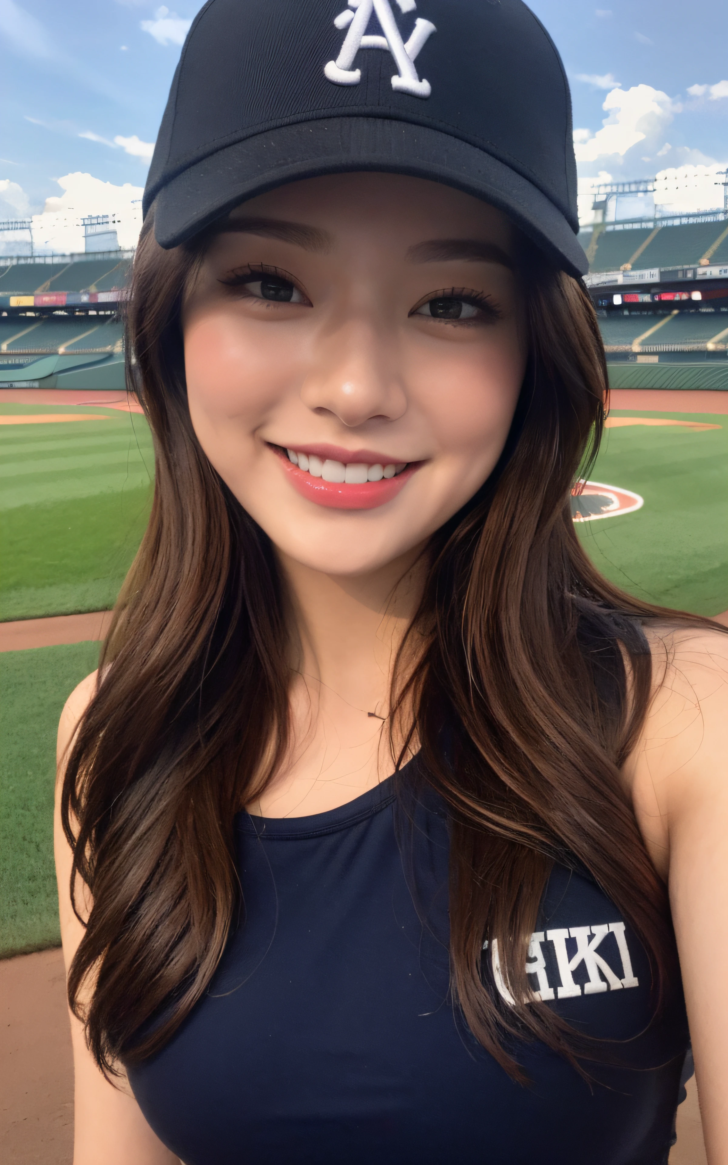 (Top Quality, 8k, Masterpiece: 1.3), Beautiful Woman with Perfect Figure: 1.4, Dark Brown Hair, Wearing a Baseball Cap, Wearing a Swimsuit, On a Baseball Stadium, Very Detailed Face and Skin, Detailed Eyes, Big, Smile