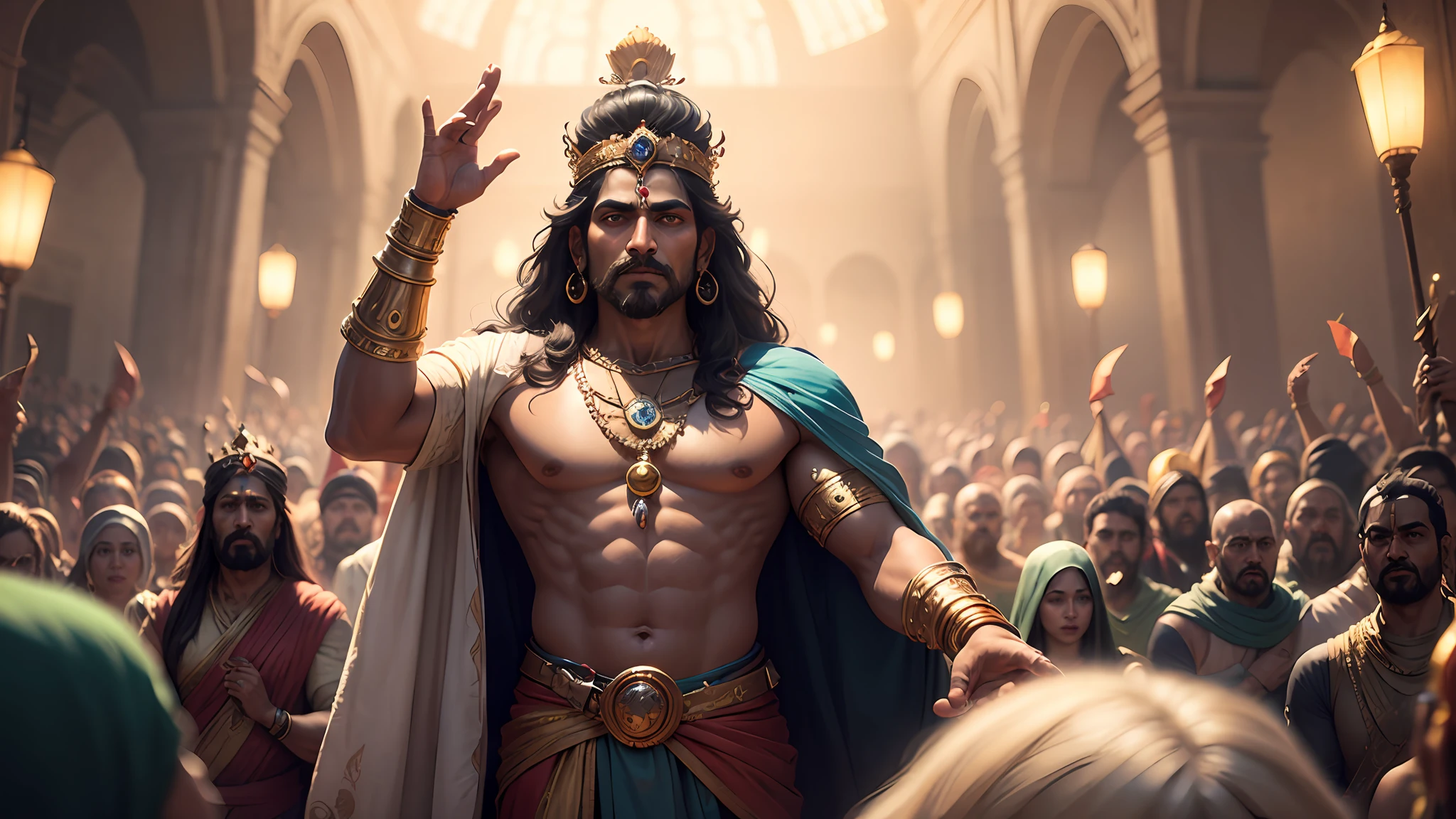 Shiva the indian god , 8k ultra realistic ,a kingdom , king show his crown in taking in hand with front of many crowd peoples , king is happy with all happy kingdom