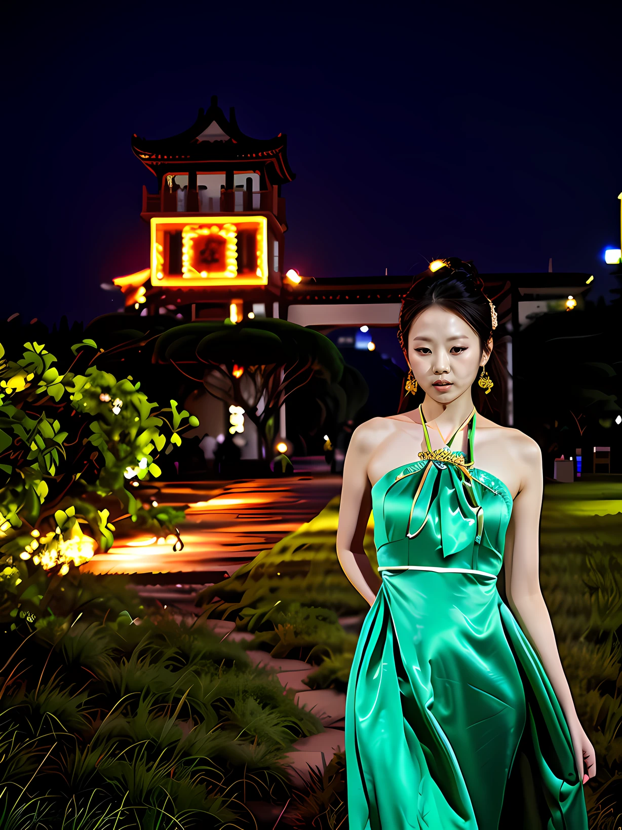 arafed woman in a dress standing in a grassy area, wenfei ye, mingchen shen, xintong chen, shaxi, yuxiang chen, Gemma Chen, lulu chen, Cheongsam, 2 0 2 0 fashion, Wu Liu, Chen Zezhou, Dressed in elegant dresses, photoshoot, xue han, inspired by Chen Chi, At night