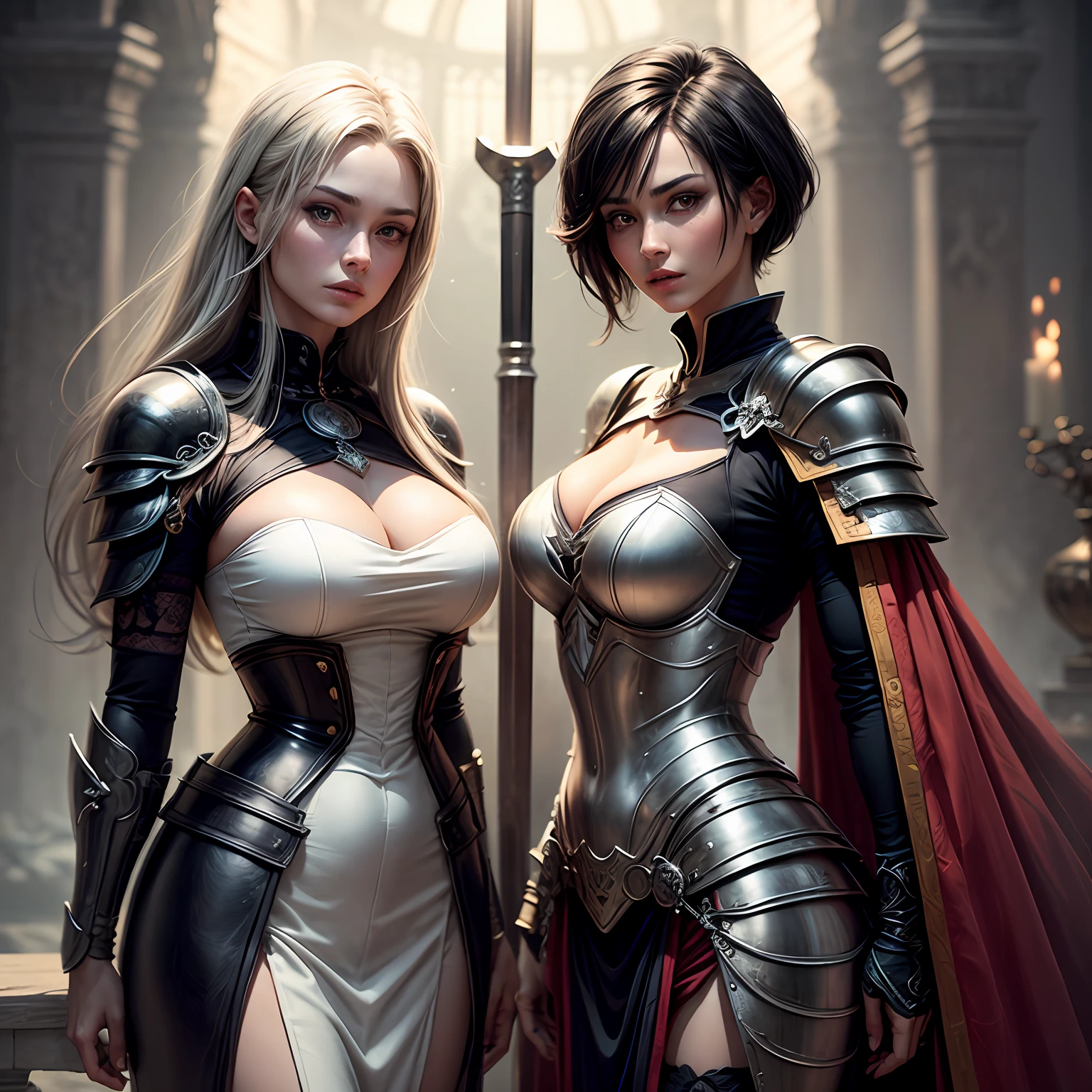 ultra intricate，hyper-detailing，Ultimate beauty，Extreme，The spectacle is spectacular，tmasterpiece, Need, ultra-realistic realism, Two beautiful women with very different looks, A mature woman with white hair and blond pupils wears armor with a hollow pattern,Slender and attractive, holding a complex and beautiful holy spear with another short black hair and red pupils, Wearing slender black samurai armor，A maiden clash with a black magic sword --auto