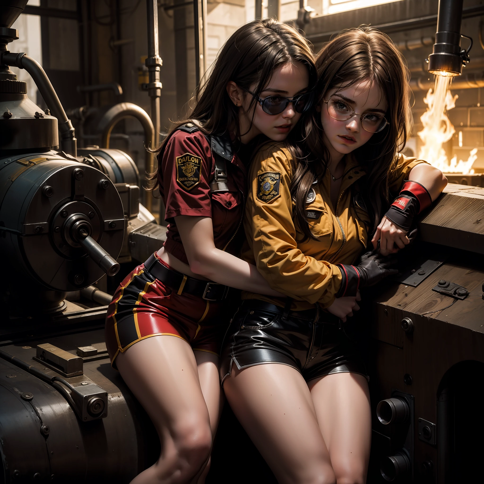 teen emma watson as two  firefighter girls sitting on a fence. tight intricate uniform. brown shorts. slender body. hugging each other. . inside dark metal factory. dark background, furnace. goggles.