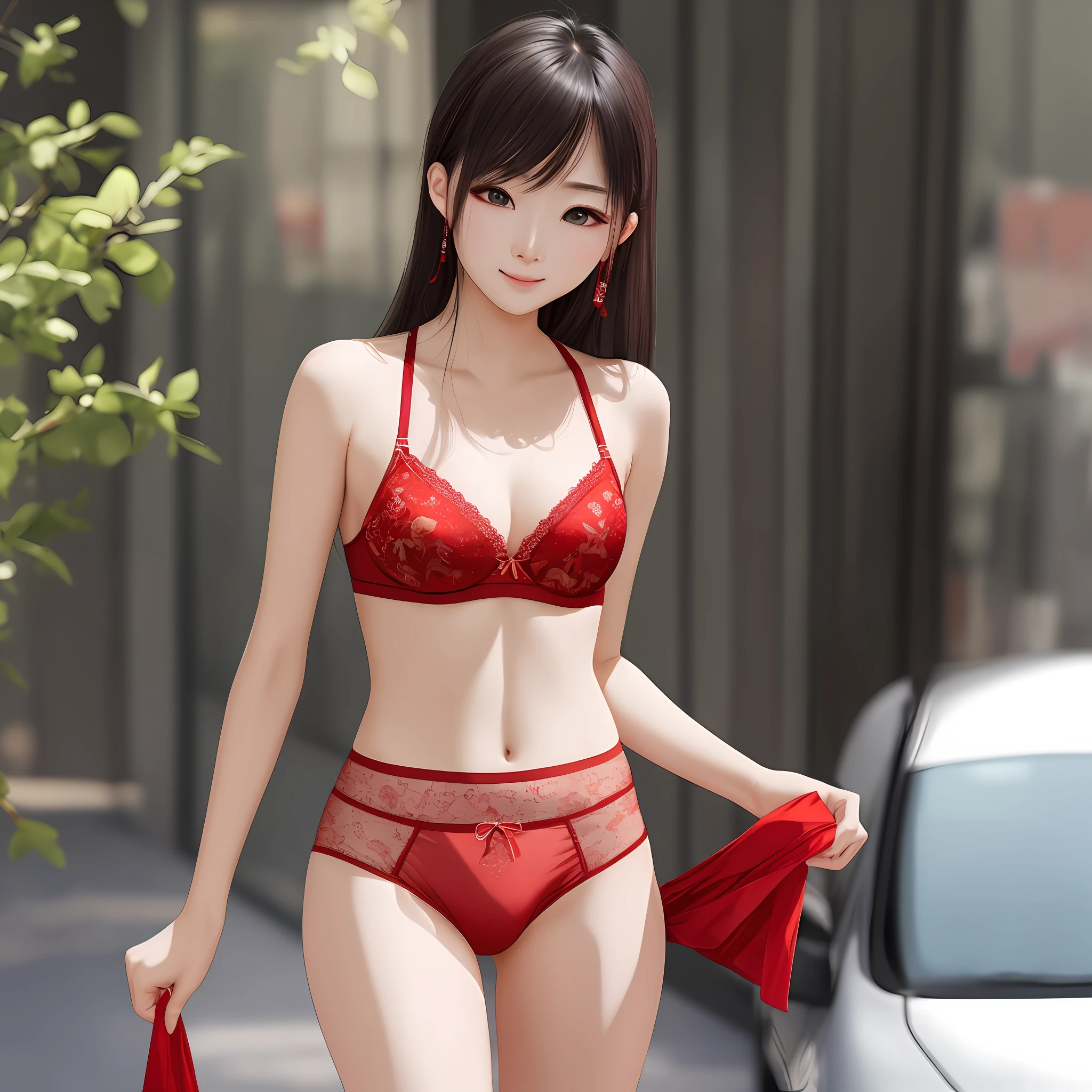 A beauty with single eyelids wearing red underwear full of Chinese characteristics。