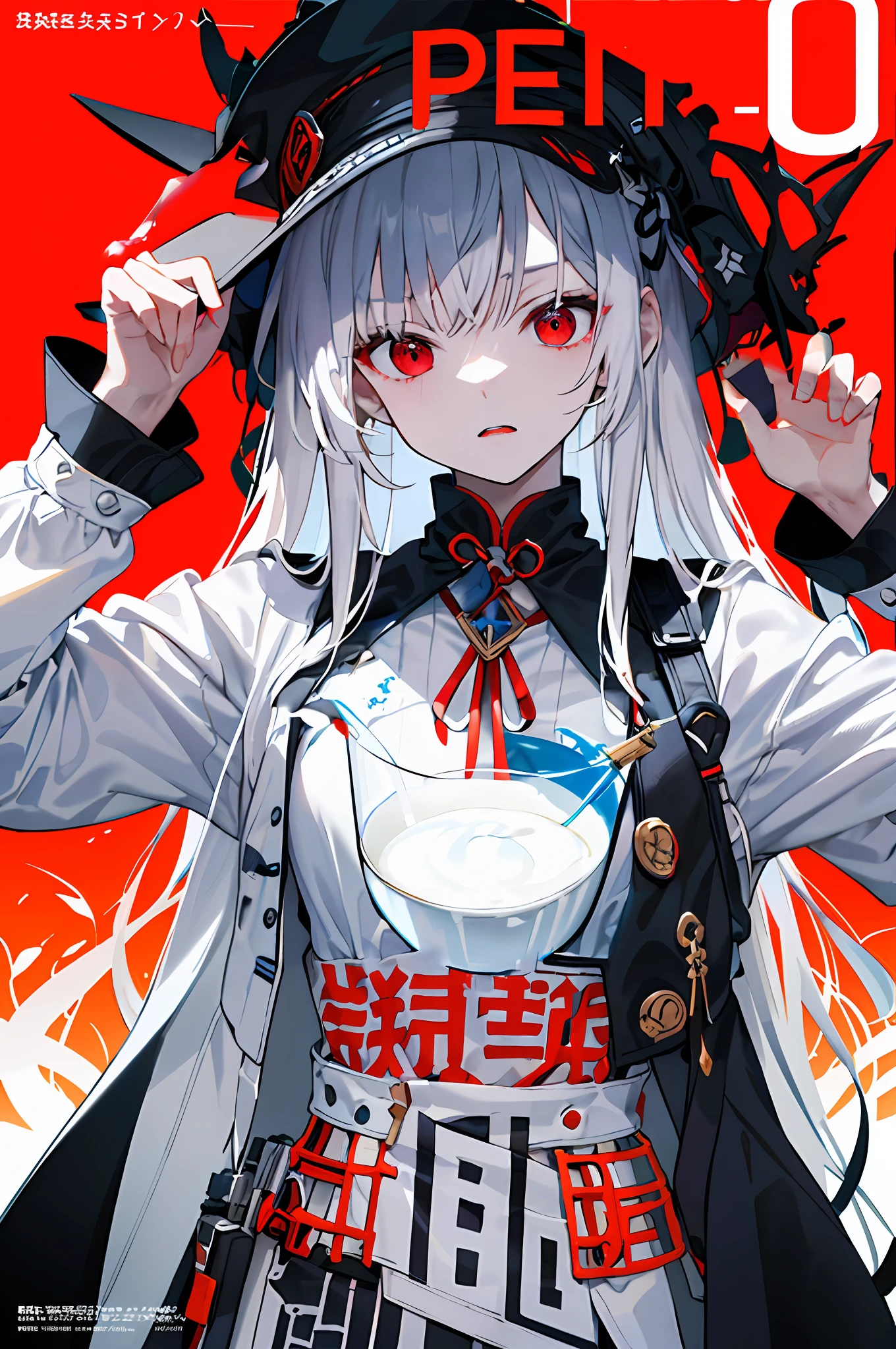 Hand on the hat，Poor milk，Red eyes。