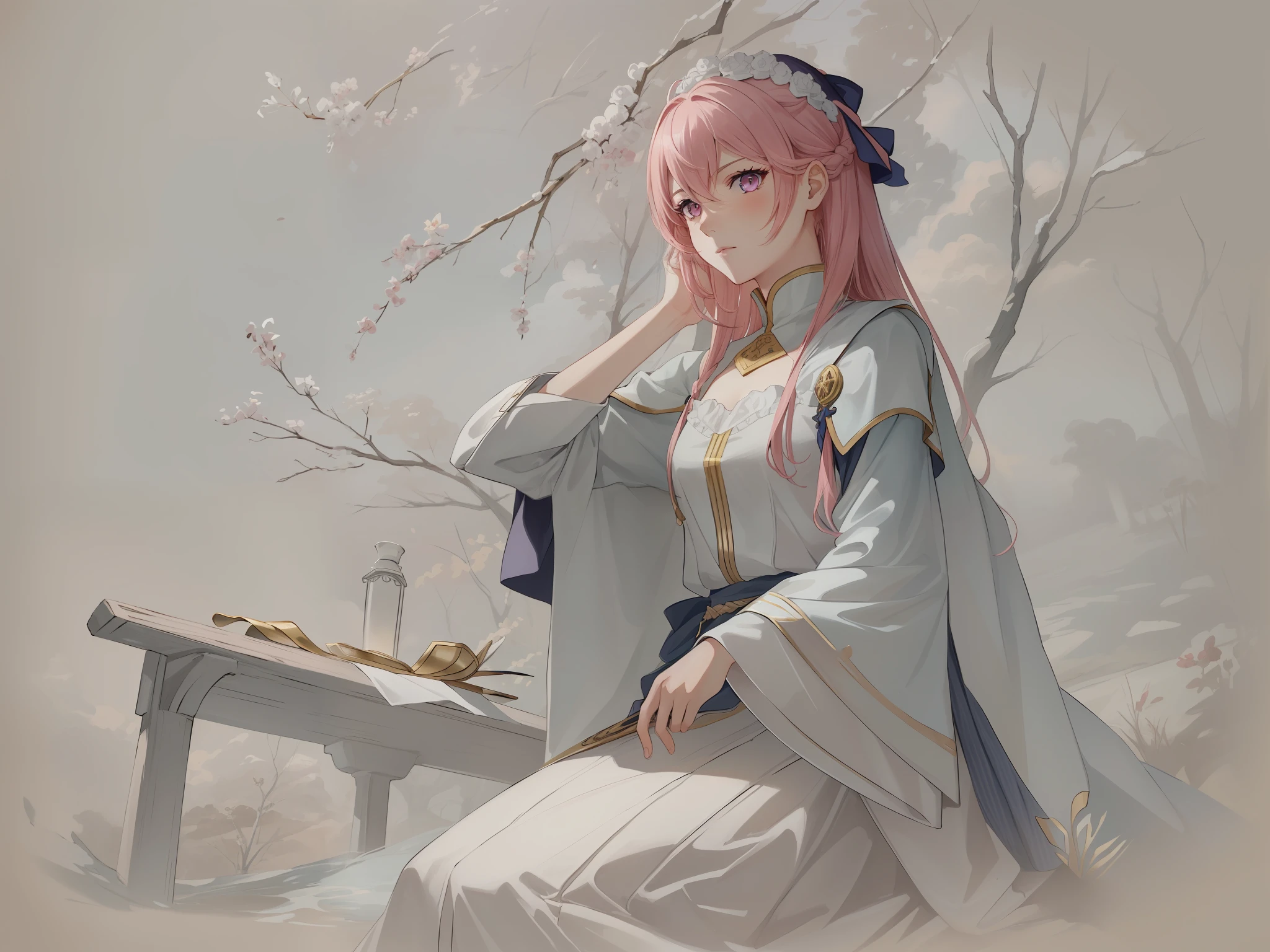 There is a painting,The painting depicts a woman sitting on a bench, inspired by Li Chevalier, by Kamagurka, anime sketch, Marin Kitagawa fanart, highly detailed exquisite fanart, Detailed fanart, 《Fire emblem》Lucina, author:Uesaka Seka, faded drawing, pencil and ink manga drawing, author:Rei Kamoi, detailed penciling,A pink-haired,Pink eyes,Beautiful face