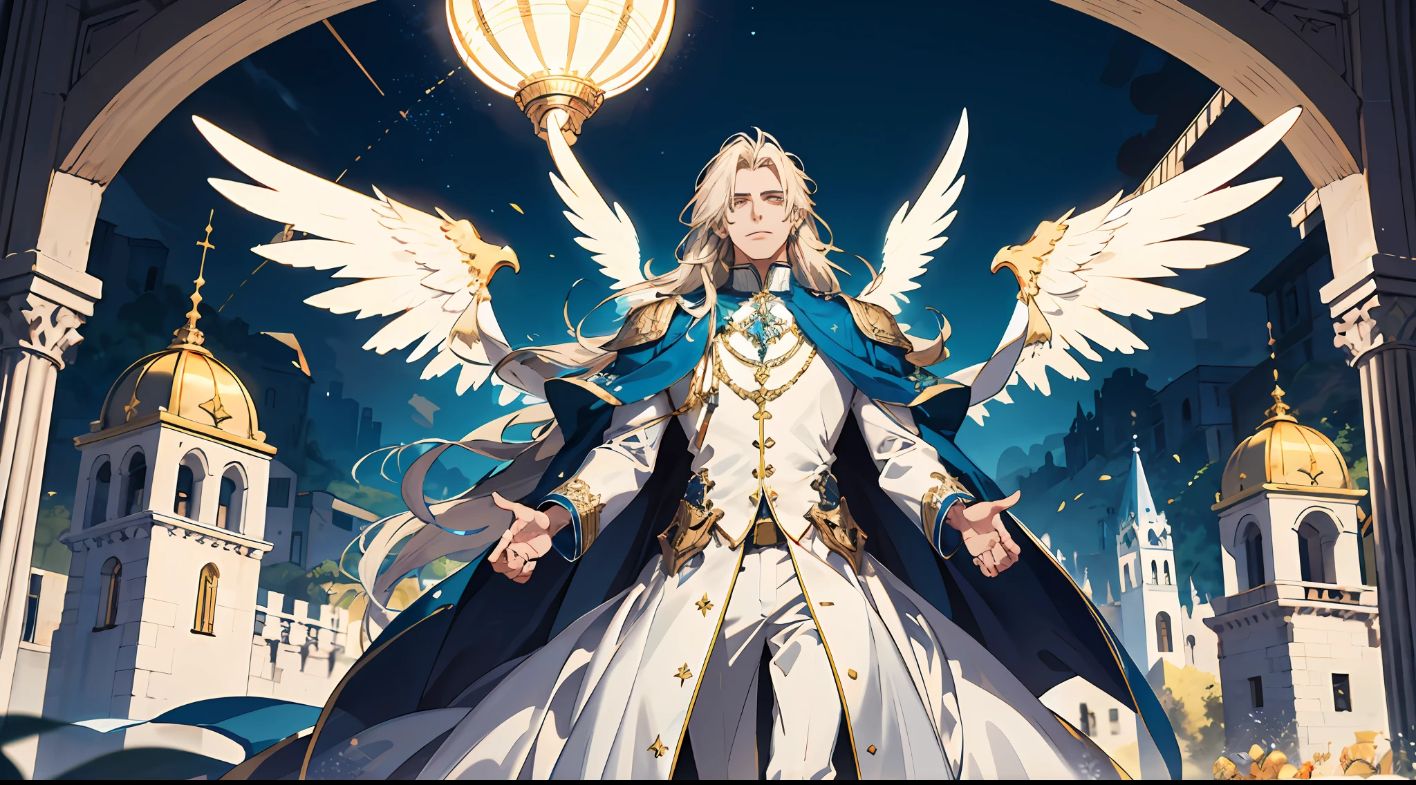 （absurderes，A high resolution），（1 male），Middle-aged，（Golden hair），（long whitr hair），（Dress in blue and white），Golden decoration，（large tall），Wings，Background medieval town，borgar，Powerful，Majestic，Intense luster，Dress in white and gold，Beautifully dressed，streamer，magia，