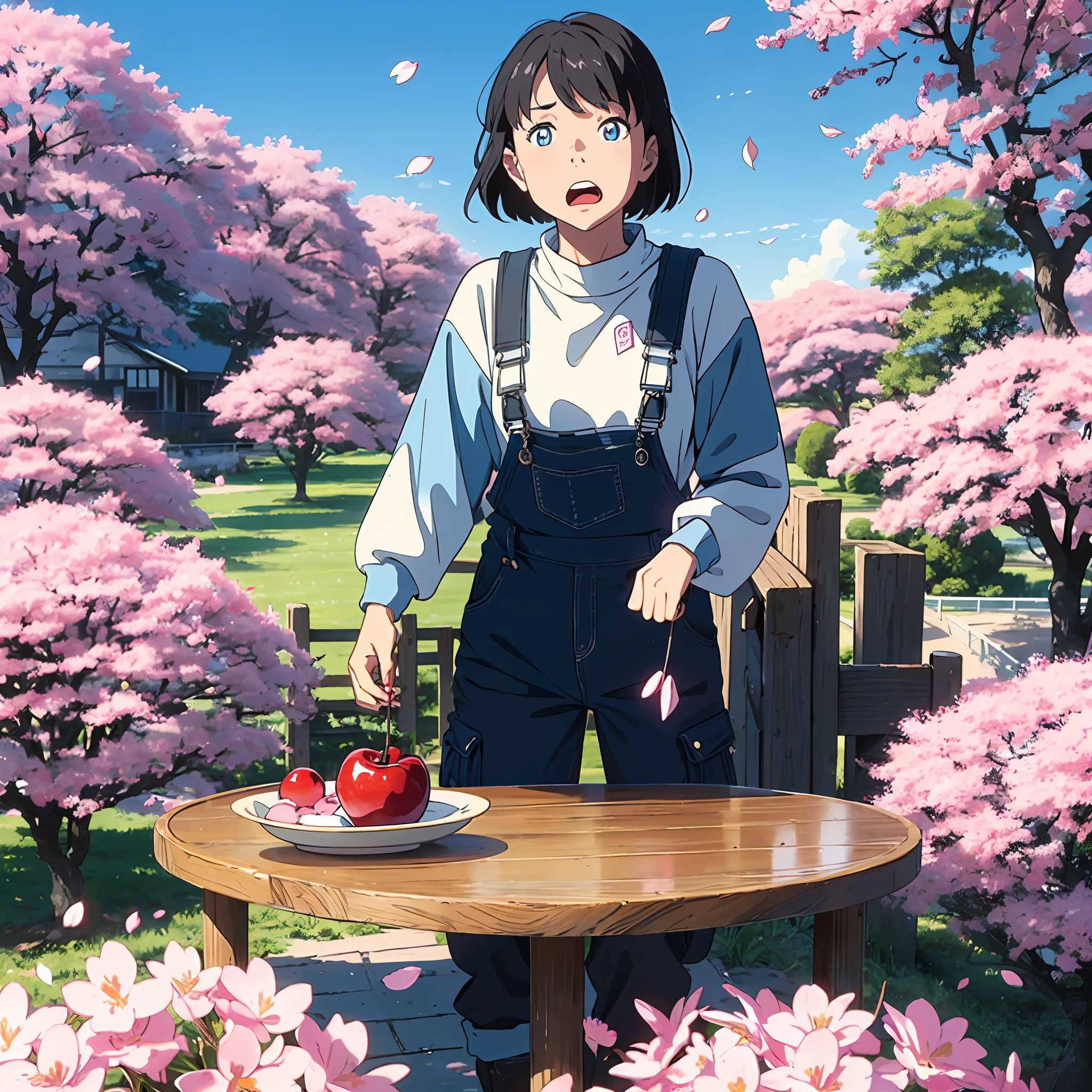 blue color eyes,Petite maiden,Exaggerated clothes,Huge top,White and black overalls,extreme picture quality,Petite maiden,blue short hair,Huge white cargo sweatshirt with pockets,Colorful cherry blossoms in background,Stand on top of colorful flowers,Round table for 12 people,Monogatari series,adolable,Yawn and drool。 --auto