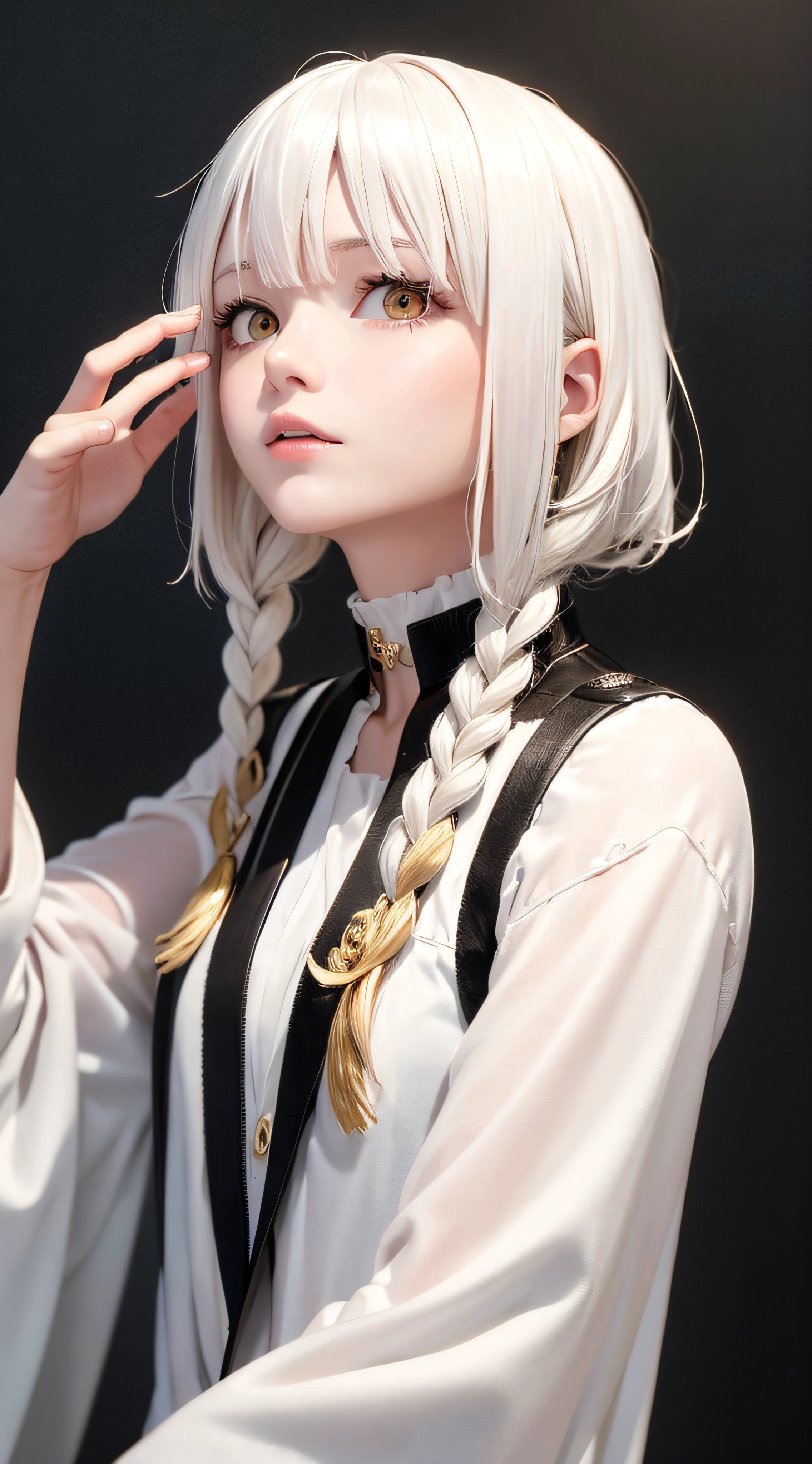 best quality, masterpiece,white hair, gold eyes,white clothes, looking up, upper body,hair strand,Fair skin,side braids