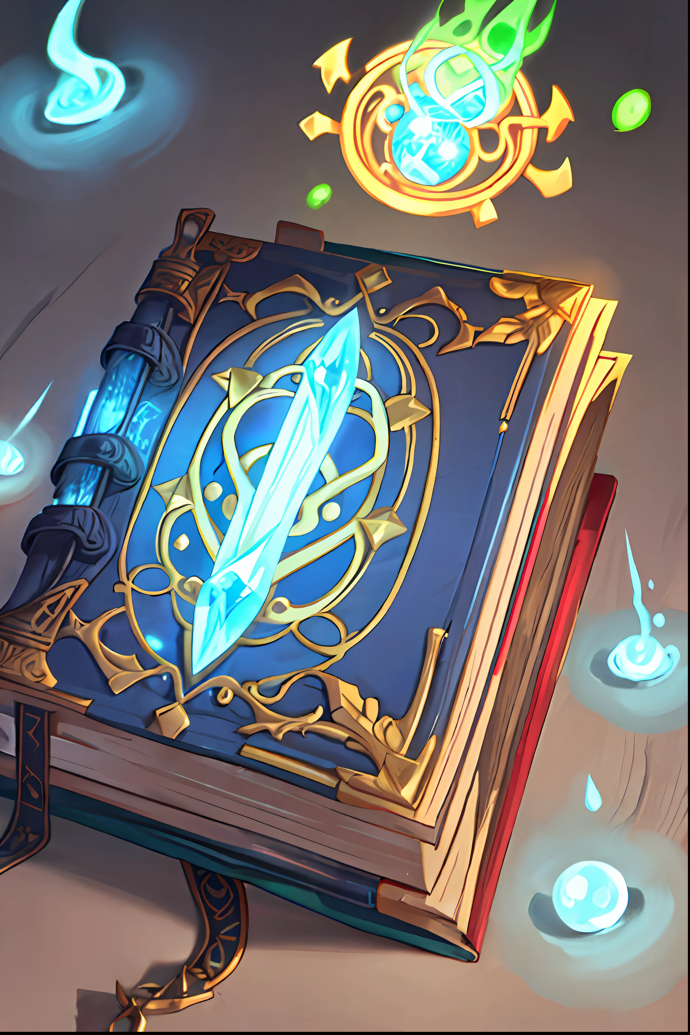 1 Mind bending ancient magical tome, detailed, intricate, magical energy, flat, studded with glowing blue topaz with magical energy, magic spell book, single object