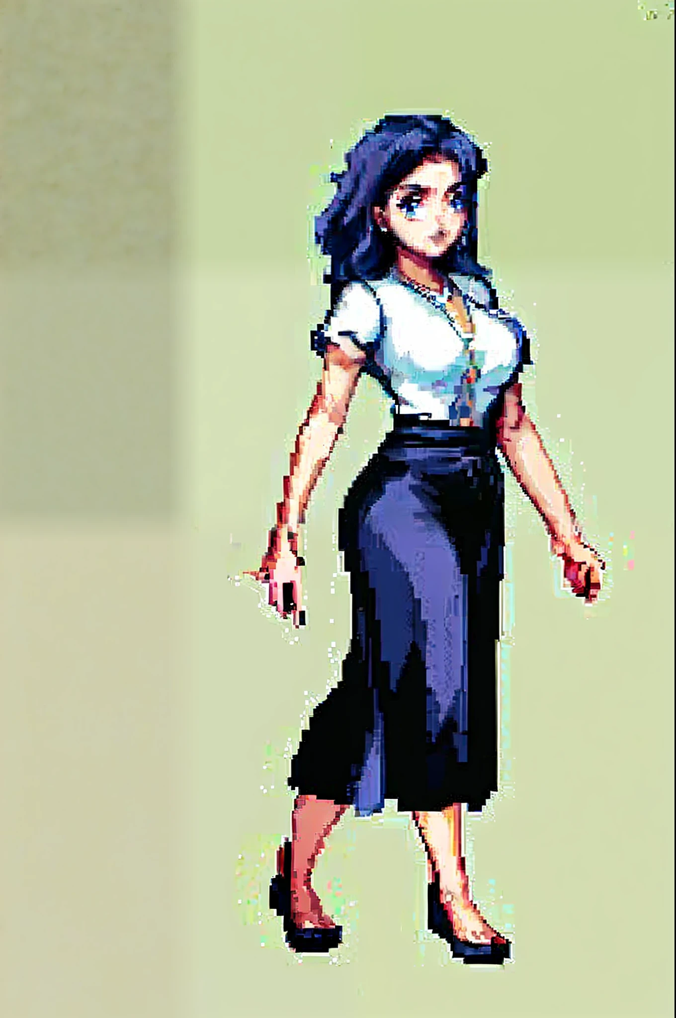 (best qualtiy,A high resolution,tmasterpiece:1.3),A tall and beautiful woman,Slender abs,Dark brown hair in loose wavy styling,nedium breasts,Wear a pendant,white button-down blouse,obi strip,a black skirt,(Modern architecture in background),Beautifully rendered details in face and skin textures,Detailed eyes,二重まぶた,nakeness