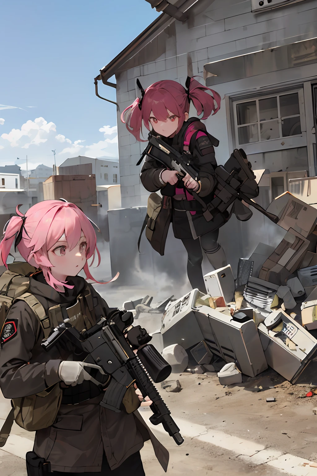 Firearms weapons,in a panoramic view,Behind the perspective,male people,Body armor,Explosion-proof helmet