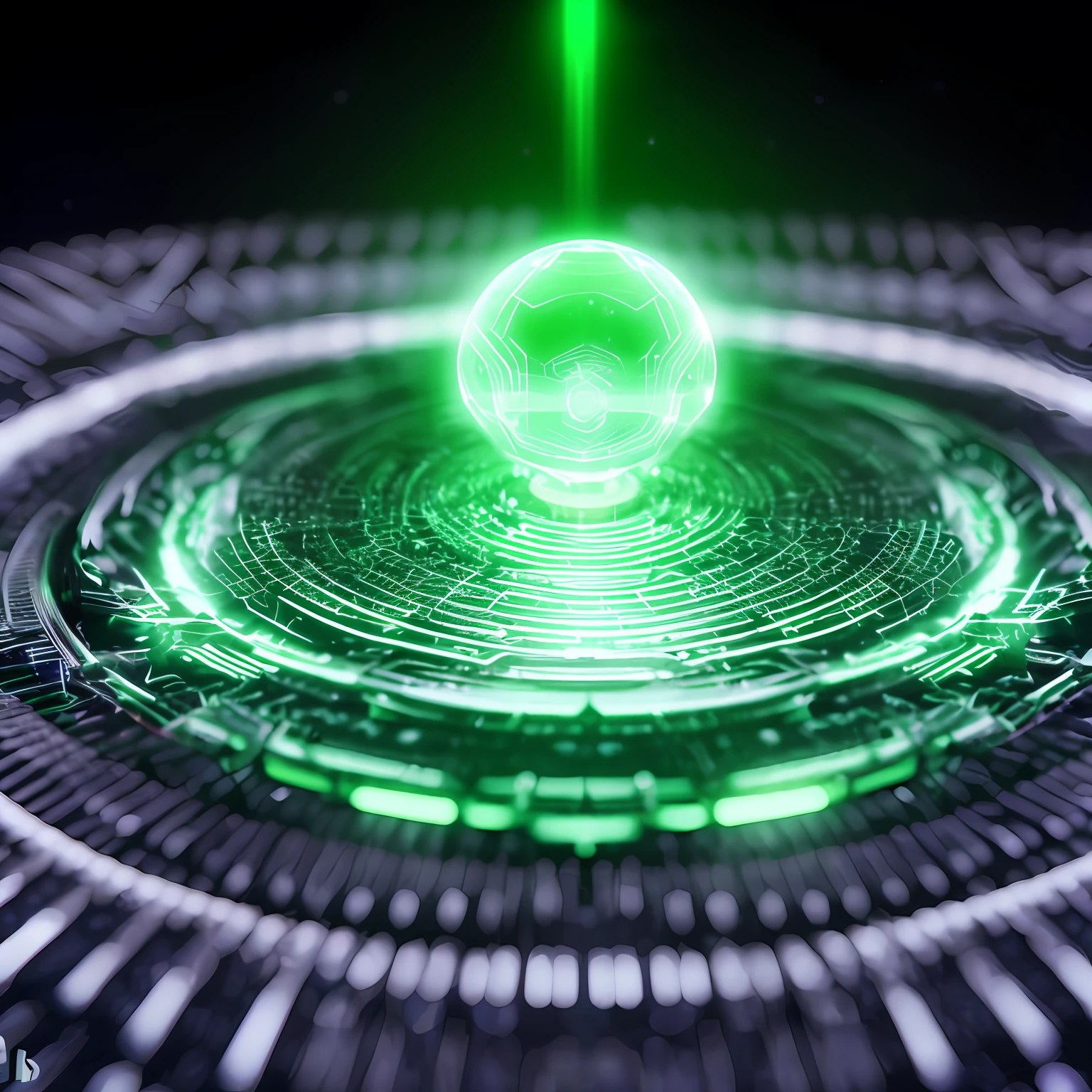 Close-up of green light shining on a circular object, holographic krypton ion, In a hologram of alien artifacts, quantum technology, green matrix light, of a ufo propulsion system, holographic projections, ethereal hologram center, shodan, Quantum particles, 8 k 3 d render ray traceing, quantum wavetracing, hadron collider technology