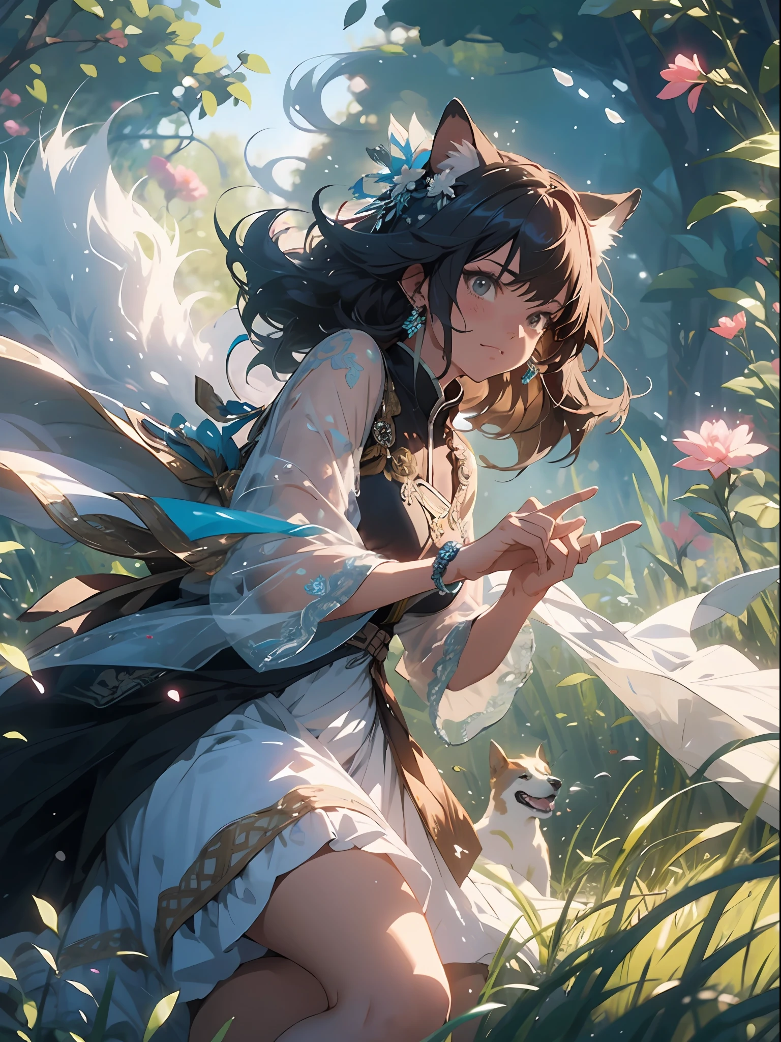 Makoto Shinkai, Dog Tail Grass, Blown Grass, Soaked Clothes, White Tulle Dress, Transparent Dress, Pick Dye, Magic, Imperial Sister, Nine-Tailed Fox, Story Graphics, Action Pose, Octane Rendering, Intricate Details, Intricate Hair, High Quality, Masterpiece