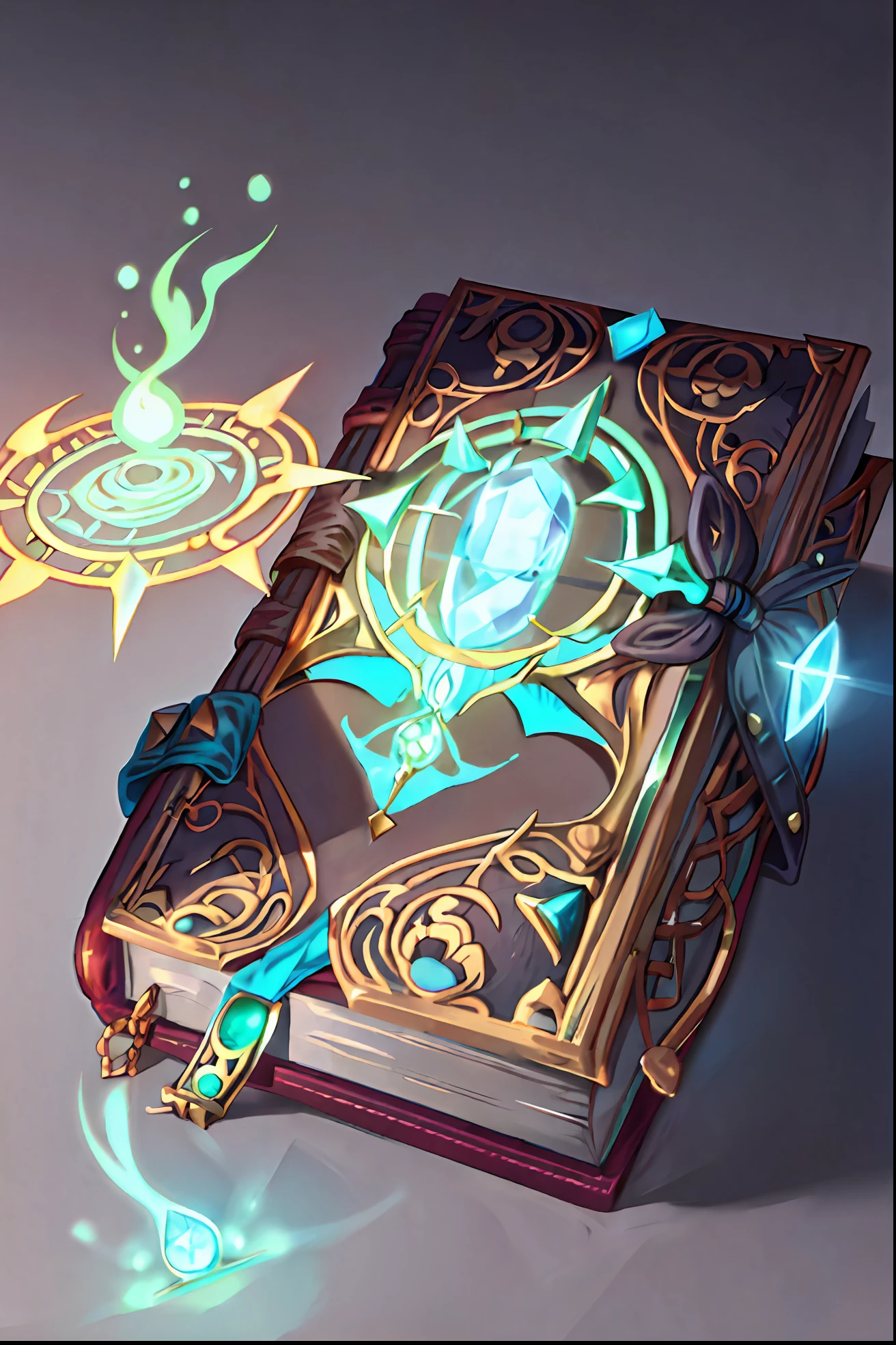 1 Mind bending ancient magical tome, detailed, intricate, magical energy, flat, studded with glowing blue topaz with magical energy, magic spell book, single object