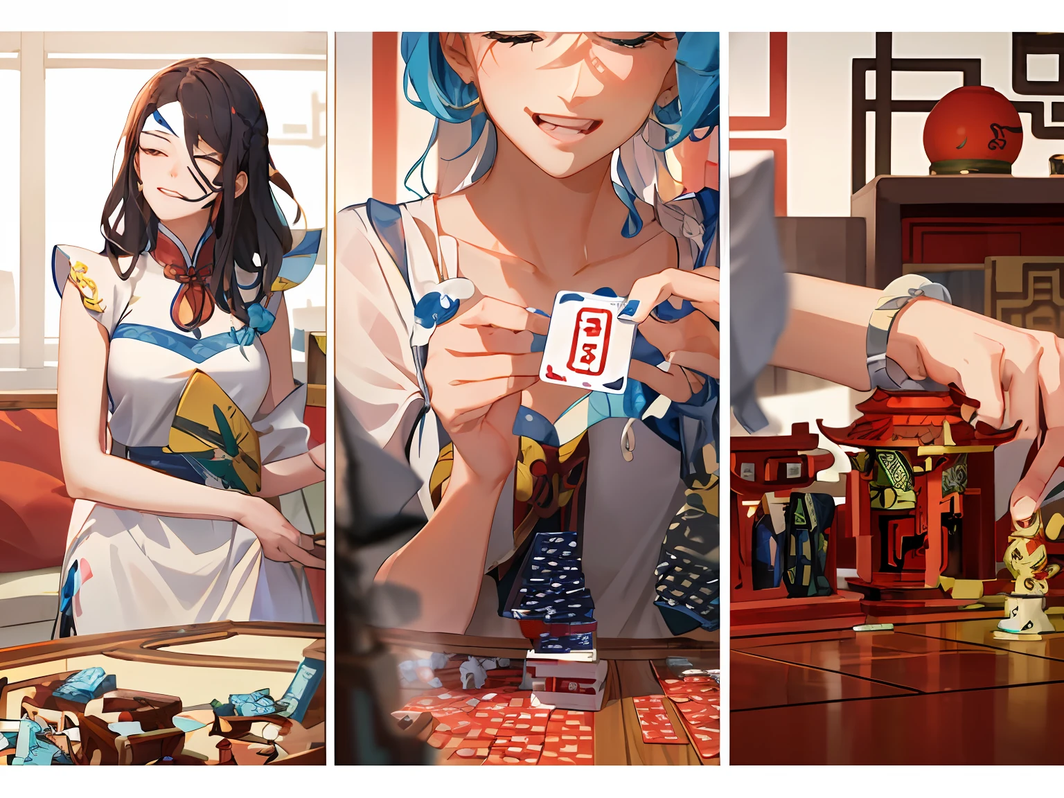 (Chinese tradition, card game, Xia Gui inspiration),Arafad image of a woman playing with toys and a girl playing with toys,Shot with EOS 6D Mark II camera,board game, 🕹️ 😎 🔫 🤖 🚬, vfx, Ni Duan inspiration, commercial photo of toys, 🤬 🤮 💕 🎀.