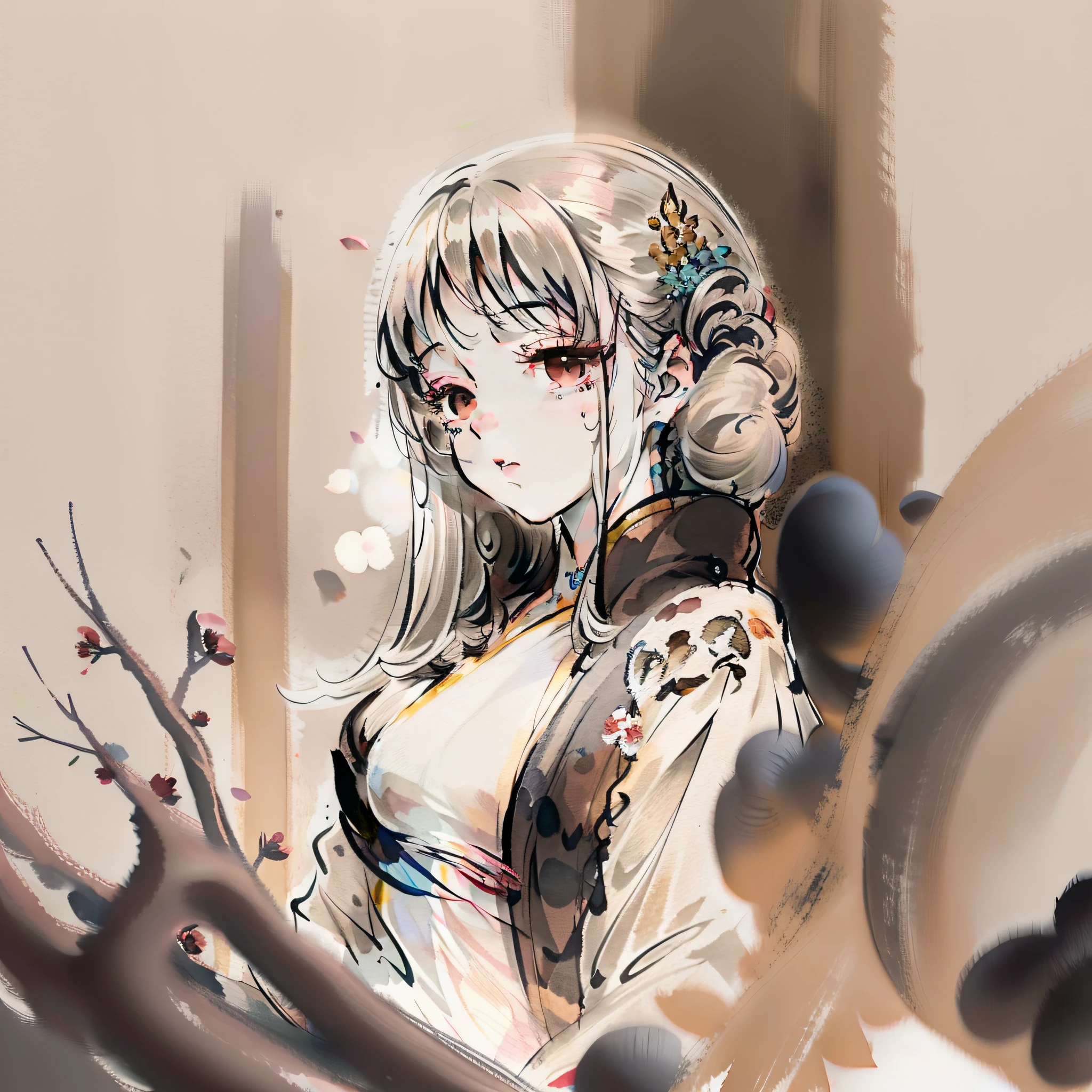 Chinese painting white-haired girl delicate