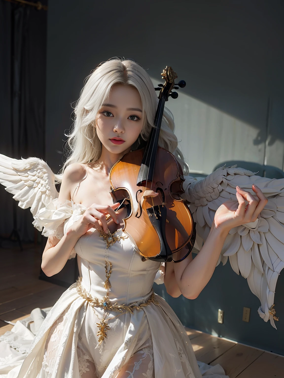 Flowing white hair,Huge and gracefully drapes down;Gold-tone diamond-set hair ornament,Showcasing luxury at its high-end level;Pure and refined face,Beautiful and moving。