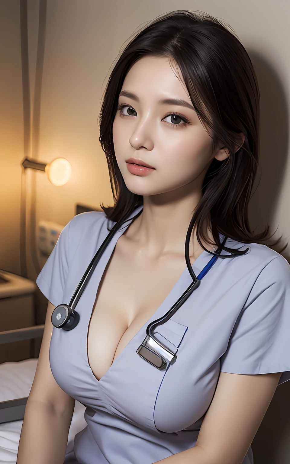 Highly detailed CG Unity 8k wallpaper, With the highest quality, super detailed, master piece, Realistic, photos realistic, extremely detailed cute girl, 25 years old, ((Nurse)) , blush , Round eyes, medium breasts, chubby, looking viewer, Cowboy Shot , (sitting a bed in a hospital), ((Cloud Hospital)) , , (lying on the face), cleavage