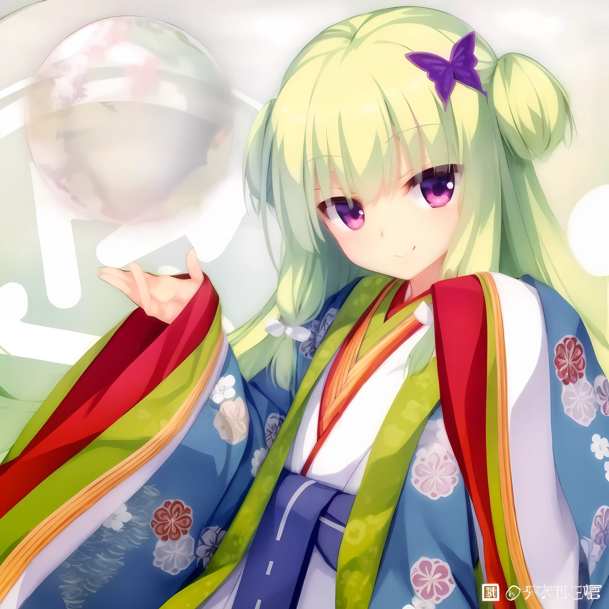 Anime girl with green hair and colorful kimono, from touhou, in a kimono, komono, inspired by Narashige Koide, anime moe art style, shikishi, inspired by Nishikawa Sukenobu, touhou character, shikamimi, Anime style. 8K, yuyushiki, from sengoku period