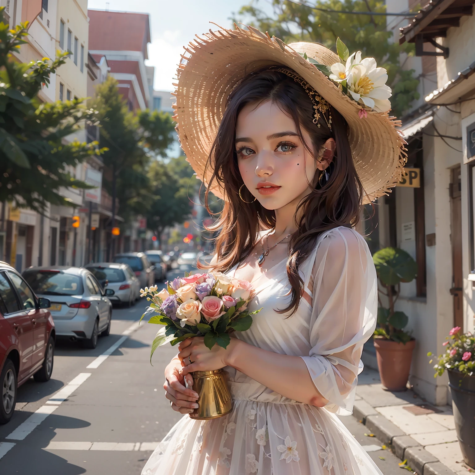 a mexican flower girl on a town street