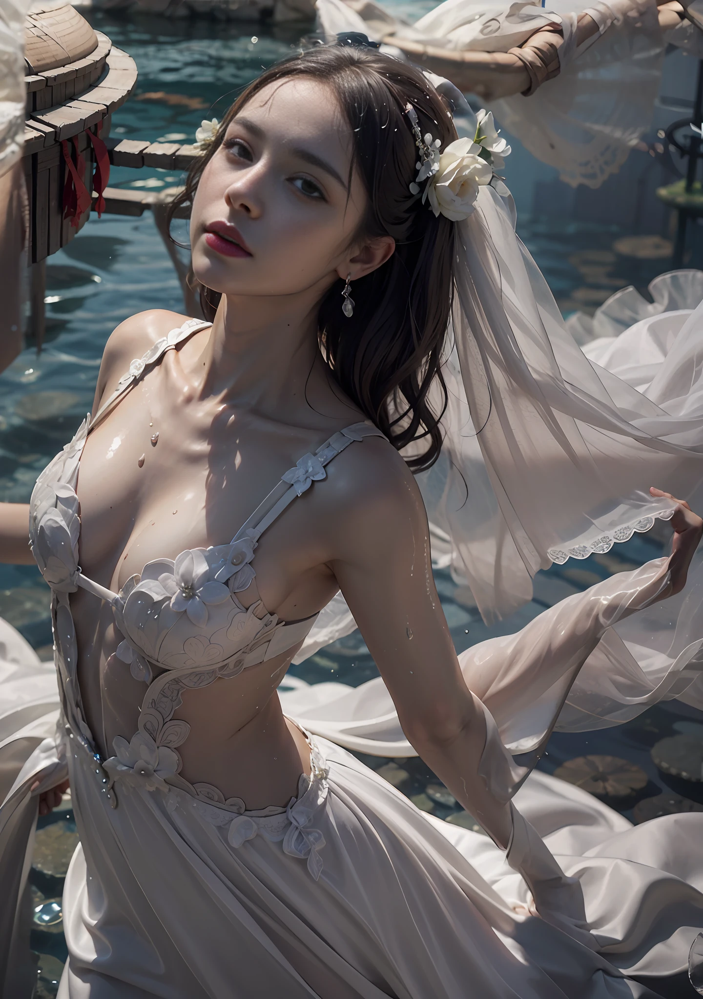 （Realistis：1.4）one-girl，blood in the seahighly, submerged dramatic, Water art, jellyfish shrine maiden, floating drowned，Beautuful Women，Good face，Fluttering wedding dresses，Red wedding dress，looking at viewert