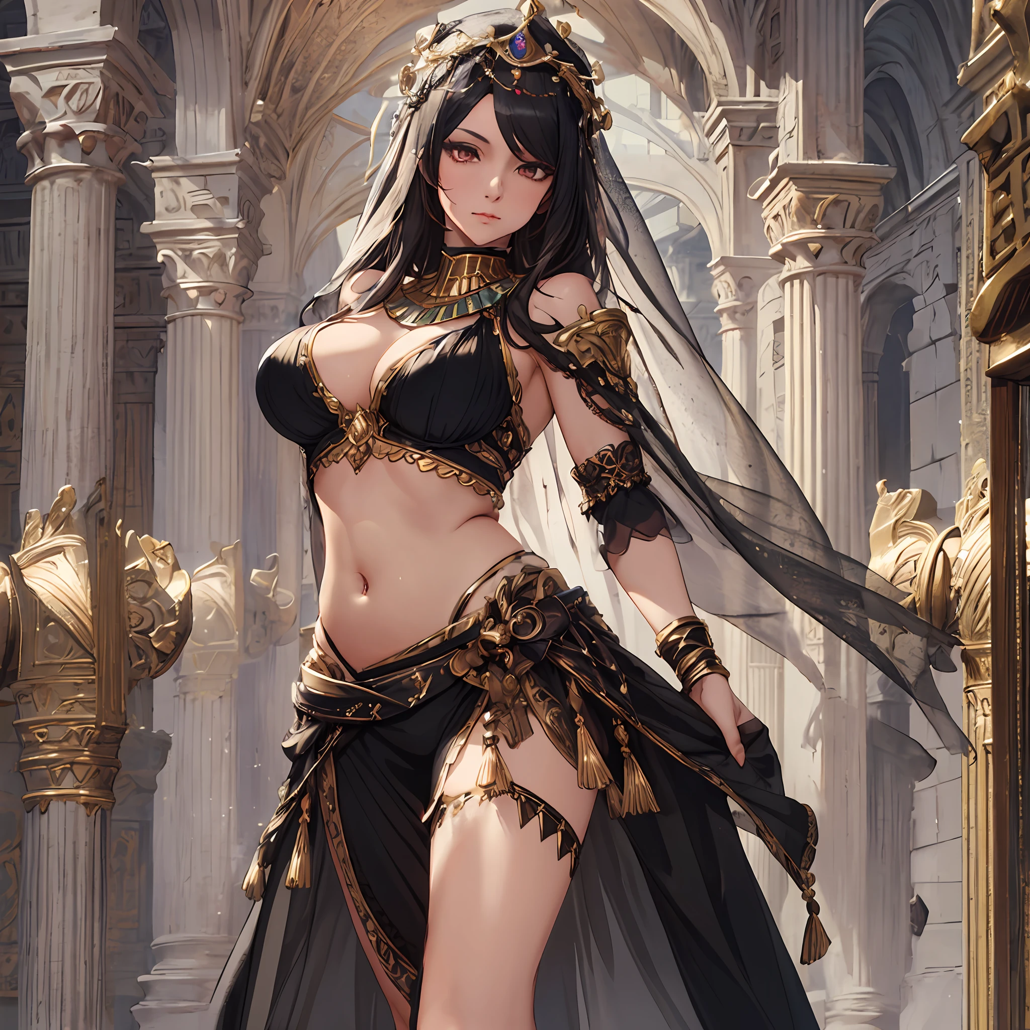 masterpiece, best quality, 1woman, adult, female focus, solo, brown skin, black hair, long hair, looking at viewer, closed mouth, Fantasy aesthetics, Highly detailed, shadowverse style, full body, dancer attire, belly button reveal attire, black attire, veil, egyptian aesthetic