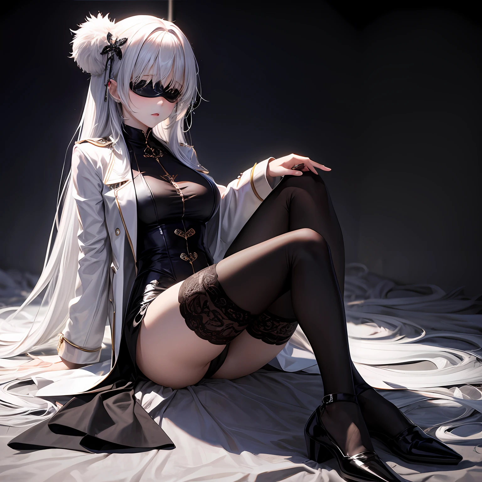 Manteau blanc,goddes、long whitr hair、blindfolds、Black silk long legs --auto