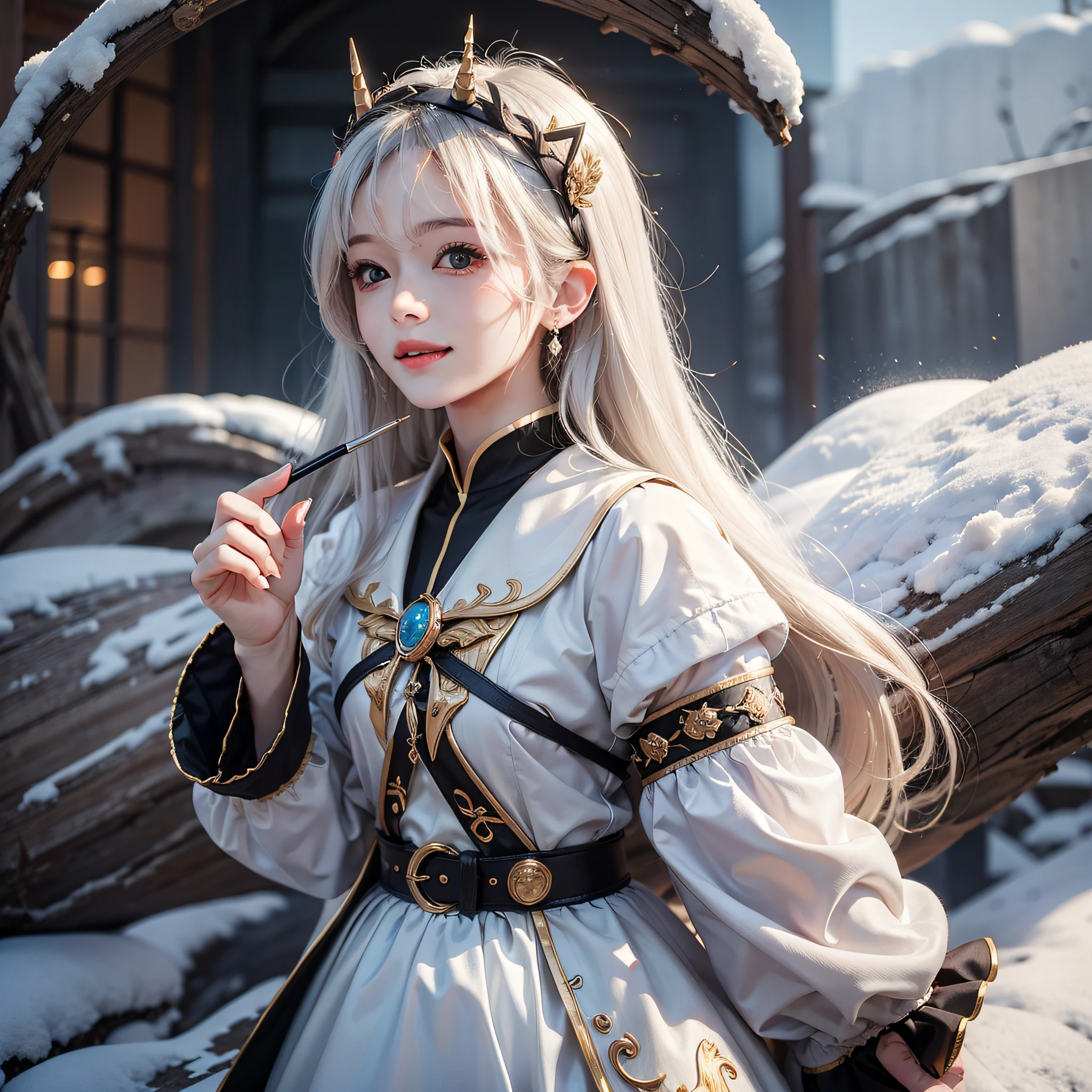 top-quality, ​masterpiece, high-level image quality, 1girl in、Unicorn horns from the forehead１Boken、snow-white hair、Beautiful fece、a beauty girl、Twin-tailed、a picture, hight resolution, 4K, 8K, Society Sisters、Monastic cap、Monastic uniforms、Hold the wand、Looking at the camera、A smile、great outdoors