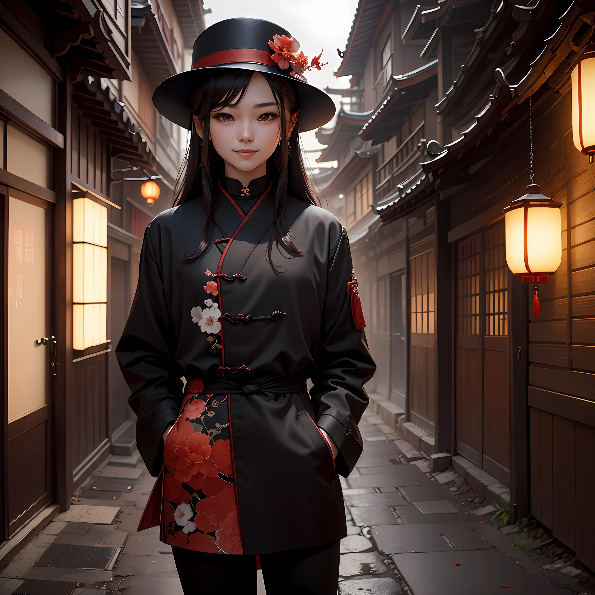 masterpiece, best quality, extremely detailed, hu tao \(genshin impact\), standing, backround is a traditional chinese street, cowboy shot, flower-shaped_pupils, black_choker, (arms behind back:1.2), (smile:0,8), black coat, hat --auto