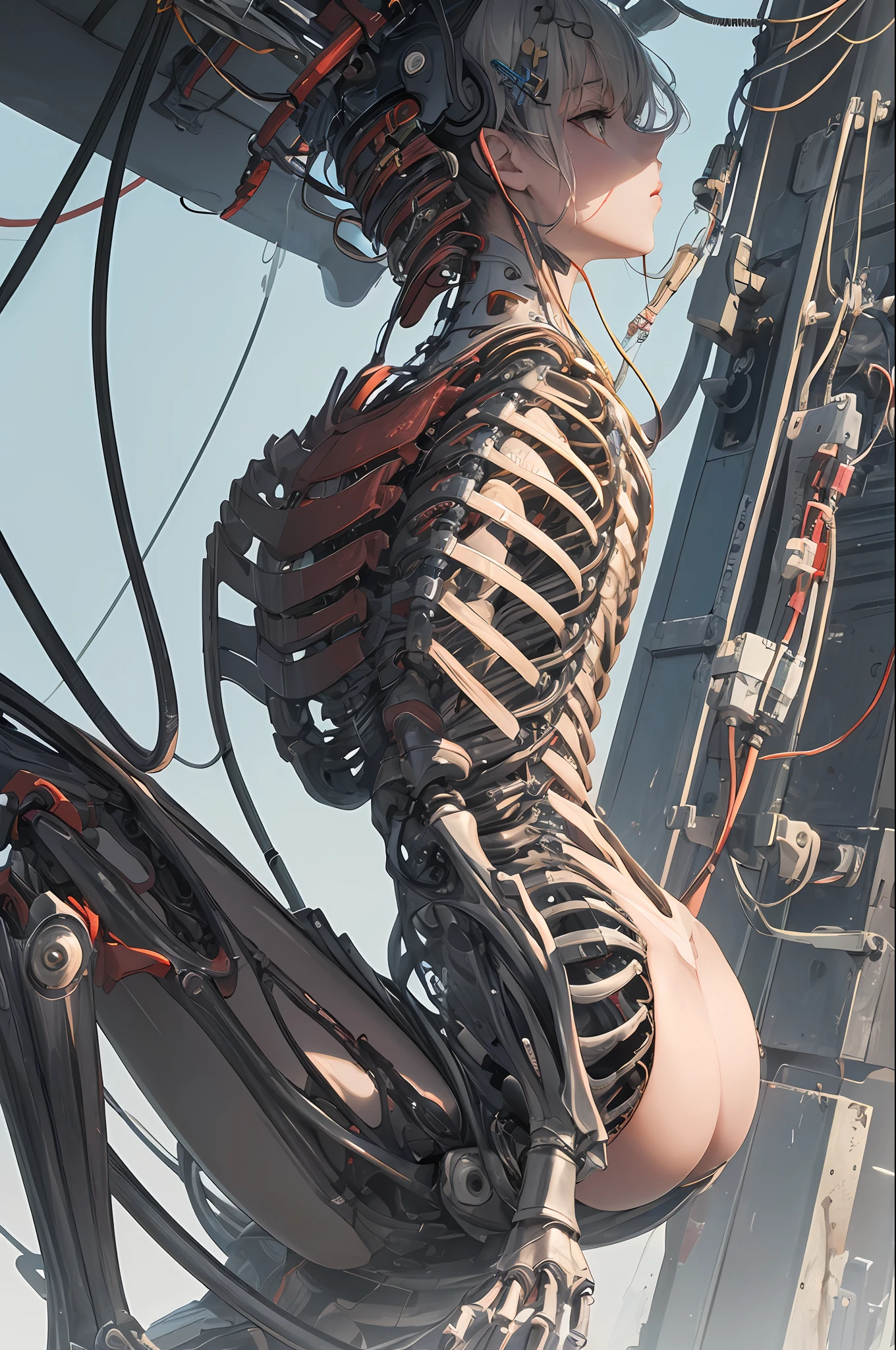 (((masterpiece))), (((best quality))), ((ultra-detailed)), (highly detailed CG illustration), ((an extremely delicate and beautiful)),(from side),cinematic light,((1mechanical girl)),solo,full body,(machine made joints:1.2),((machanical limbs)),(blood vessels connected to tubes),(mechanical vertebra attaching to back),((mechanical cervial attaching to neck)),(sitting),expressionless,(wires and cables attaching to neck:1.2),(wires and cables on head:1.2)(character focus),science fiction,extreme detailed,colorful,highest detailed