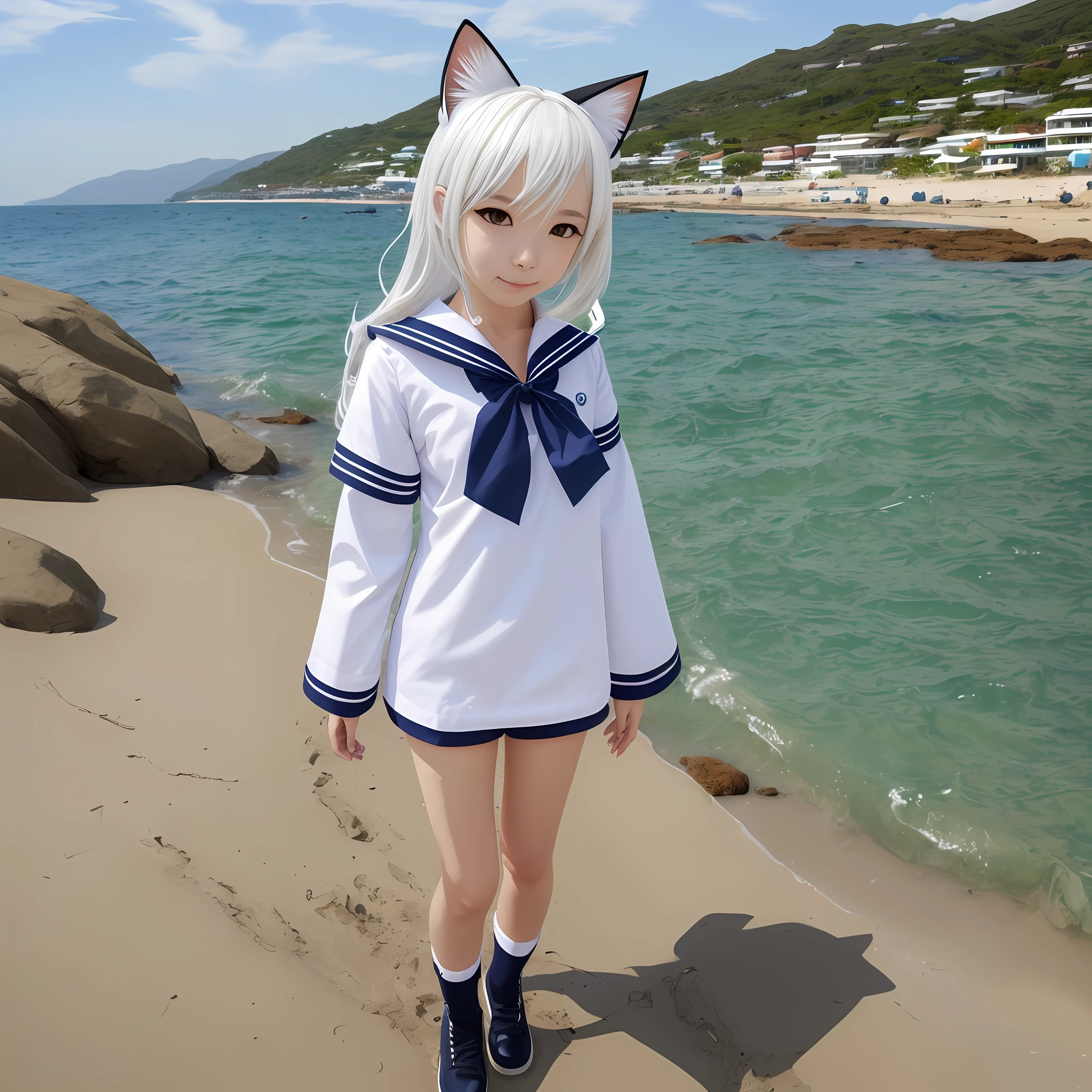 White hair,cat ear,The upper part of the body,a sailor suit,sea beach