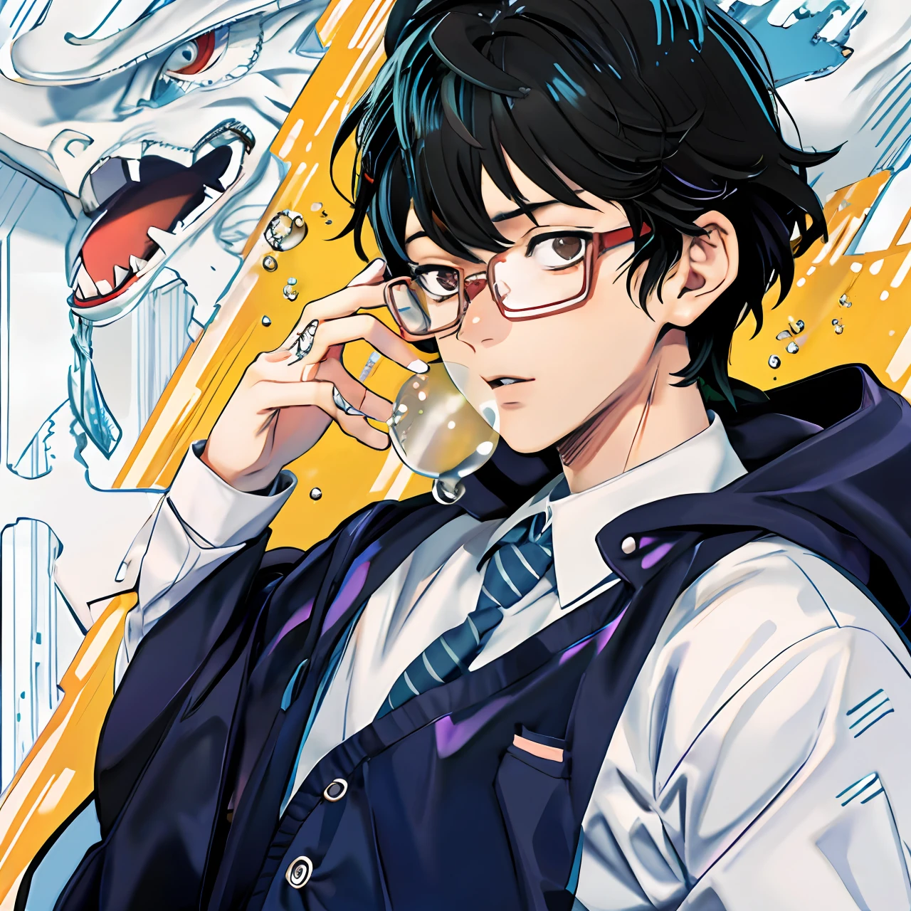 Anime, a man with glasses and a tie is holding a cell phone, inspired by Okumura Togyu, manga style of kentaro miura, Tsutomu Nihei style, inspired by Yumihiko Amano, kentaro miura manga art style, !!Wearing glasses!!, kentaro miura manga style, inspired by Yamagata Hiro,There are transparent bubbles around the mouth,without hands