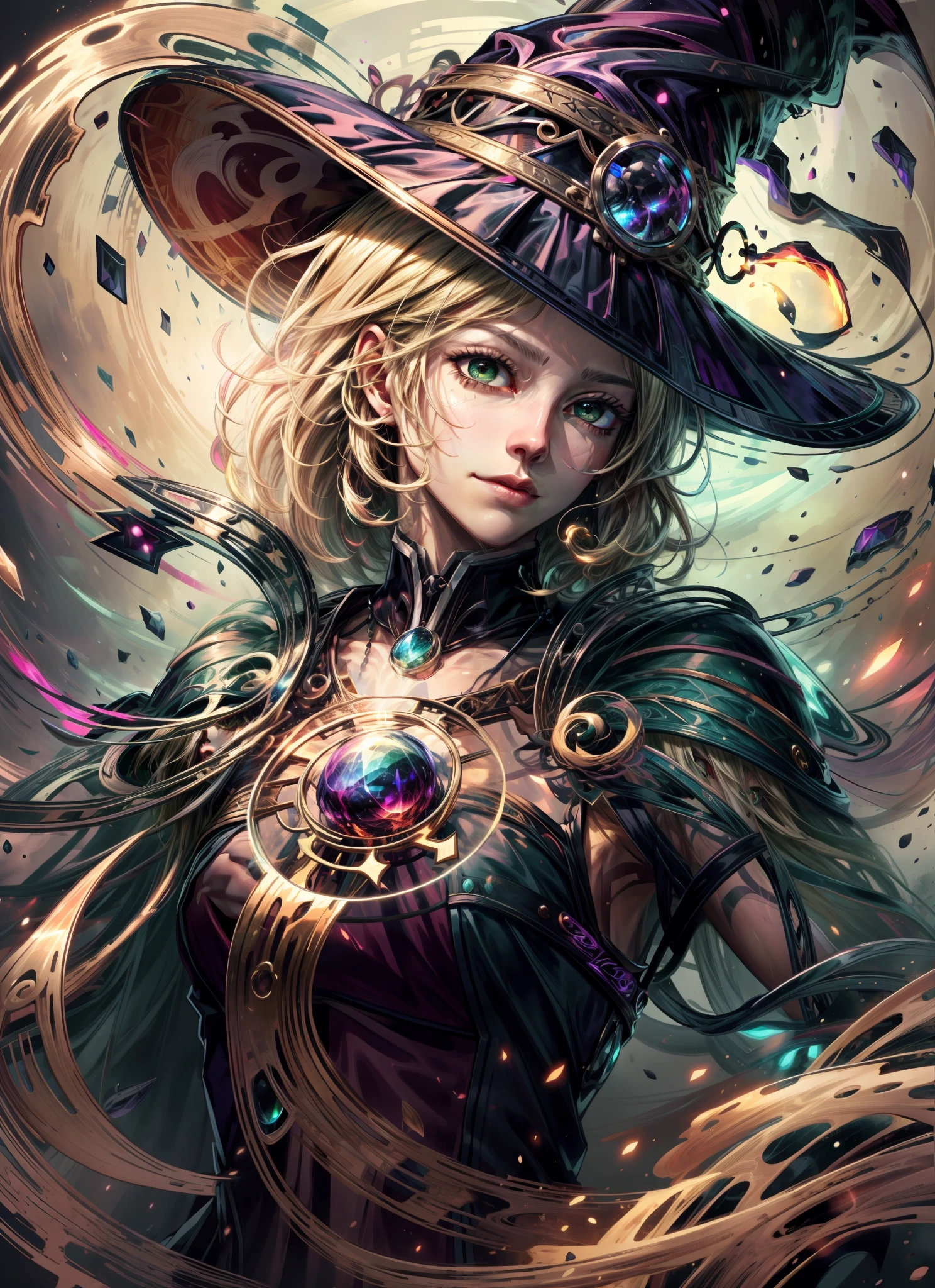 masterpiece, best quality),  stylized digital art, abstract and colorful paint style, (chromomancy theme:1.5), (1man, muscular adult  male:1.2),  brown eyes, natural blonde hair, fade,
 looking down, solo, upper body, detailed background, light smile, witch hat, witch, magical atmosphere, hair flowing in the wind, green trimmed dark colored clothes,  colorful whirlwind of swirling elemental weaves in the air, swirling portal, dark magic, (style-swirlmagic:0.8), floating particles, clouded background, updraft, backlighting,