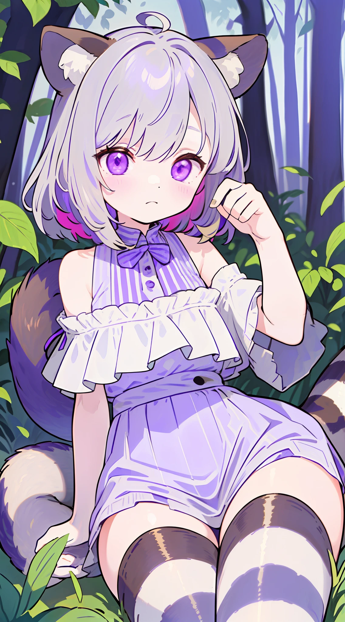 (multicolored and fluffy animal ears+striped fluffy tail:1.3),adorable raccoon girl,brown hair,fur texture,cute pose,greenery,forest,depth of field,(best shadow:1.2+best illumination:1.2),purple eyes. (((color palette: pale blue, purple, brown, silver)))