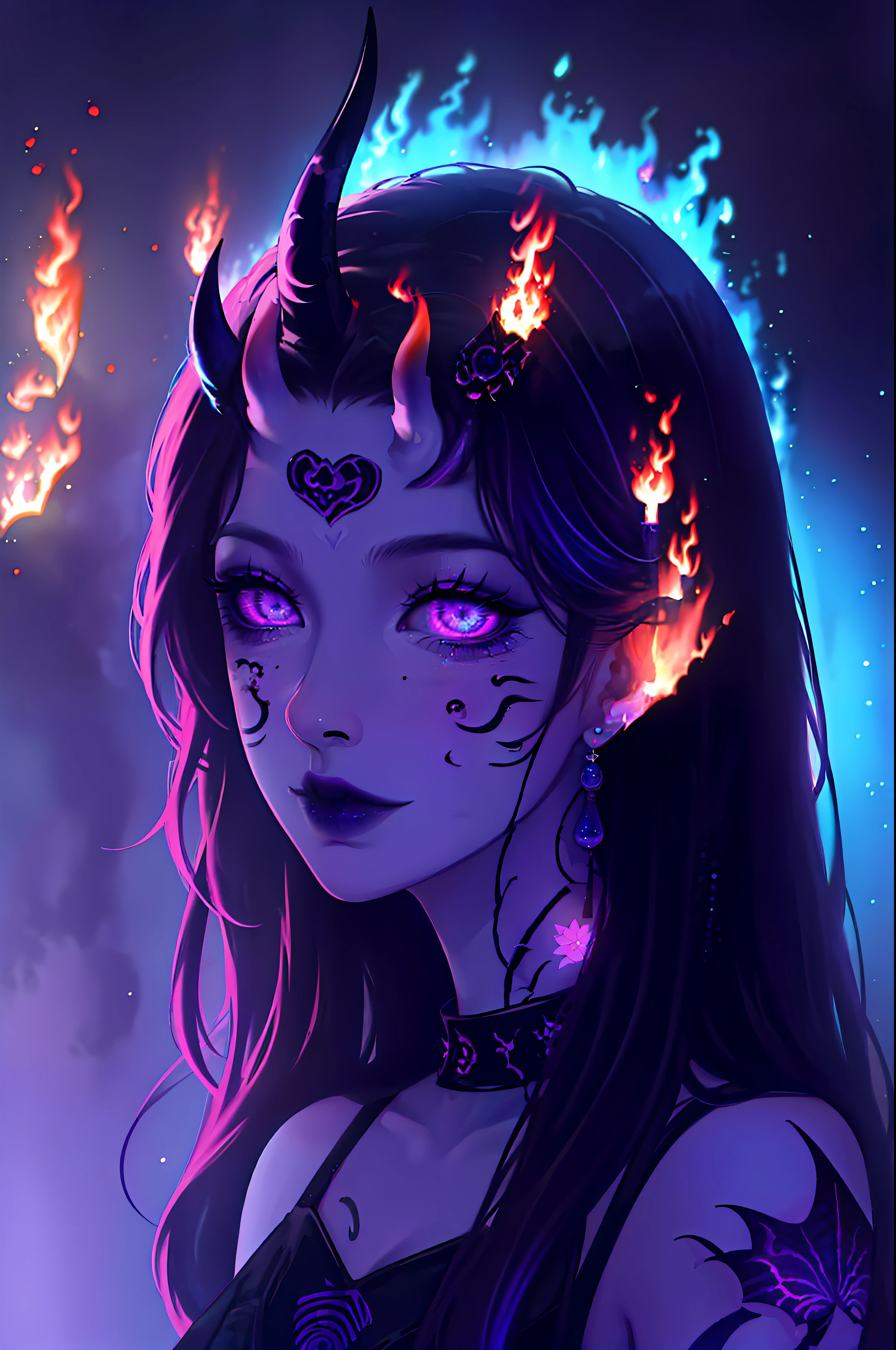 Masterpiece, best quality, high quality, (full body shot:1.3), solo anime portrait, female, 1girl, (bold daring black goth outfit with a black skirt and fishnets:1.4), (black glowing purple highlights:1.5), (purple smoke and flames around her:1.6), (oni horns:1.6), she is stunning and super beautiful, goddess like appearance, `(gradient_glowing_purple_siren_eyes:1.5), (beautiful flower tattoo:1.4), rings, demonic, divine, hellish, darkness, effeminate, JRPG art, trending on caravaggio, intrinsicated and detailed smug smirk, looking at camera, face focus, highly-detailed, top lightning, trending on pixiv, HD digital, 32k,