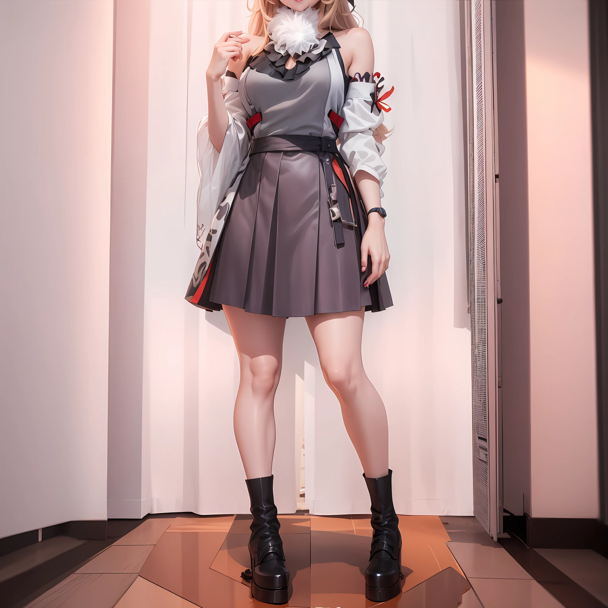 Anime - Stylish woman posing for a photo in a short skirt and top, Fine details. Girl front, from girls frontline, girls frontline style, Surrealism female students, Surrealism female students, cute anime waifu in a nice dress, wearing dresses, Guviz-style artwork, Realistic anime 3 D style, photorealistic anime girl rendering