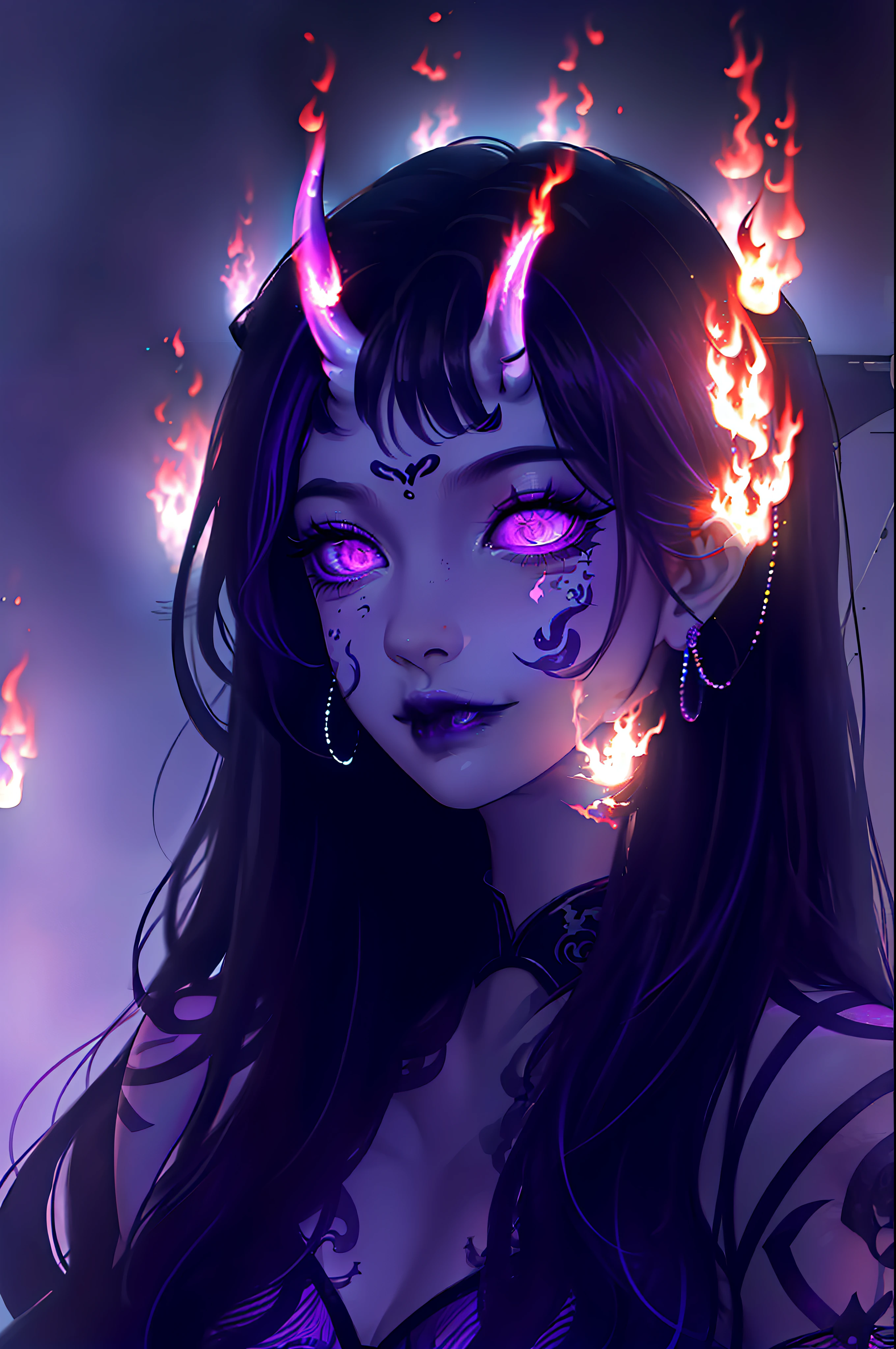 Masterpiece, best quality, high quality, (full body shot:1.3), solo anime portrait, female, 1girl, (bold daring black goth outfit with a black skirt and fishnets:1.4), (black glowing purple highlights:1.5), (purple smoke and flames around her:1.6), (oni horns:1.6), she is stunning and super beautiful, goddess like appearance, `(gradient_glowing_purple_siren_eyes:1.5), (beautiful flower tattoo:1.4), rings, demonic, divine, hellish, darkness, effeminate, JRPG art, trending on caravaggio, intrinsicated and detailed smug smirk, looking at camera, face focus, highly-detailed, top lightning, trending on pixiv, HD digital, 32k,