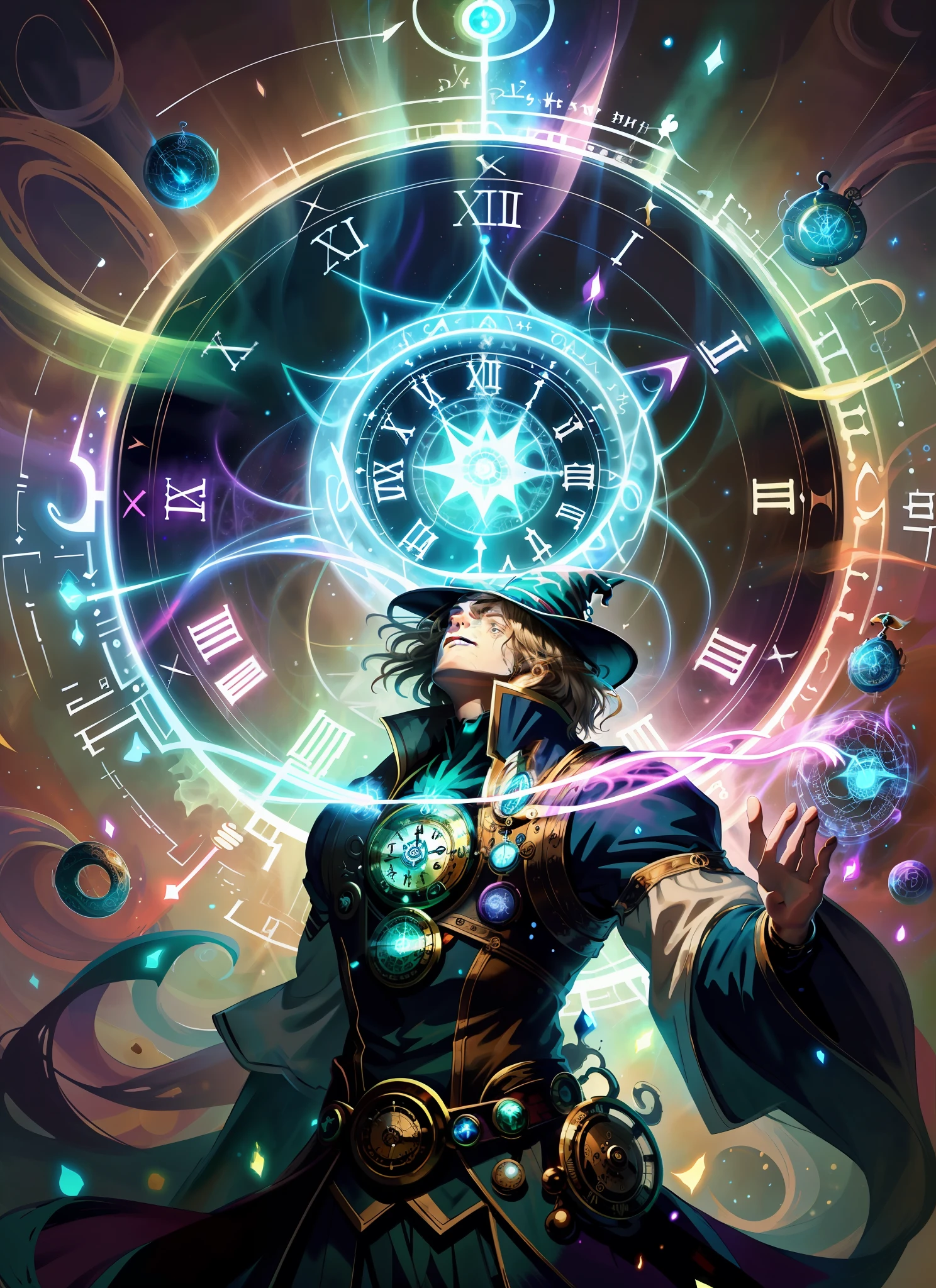 (masterpiece, best quality),  stylized digital art, abstract and colorful paint style, 3DMM,
(1man, muscular adult  male:1.2),  brown eyes, natural blonde hair, fade,
 looking down, solo, upper body, detailed background, (ChronomancyAI, chronomancy theme:1.1), light smile, witch hat, witch, magical atmosphere, hair flowing in the wind, green trimmed dark colored clothes,  colorful whirlwind of swirling elemental weaves in the air, swirling portal, dark magic, (style-swirlmagic:0.8), floating particles, clouded background, updraft, backlighting,