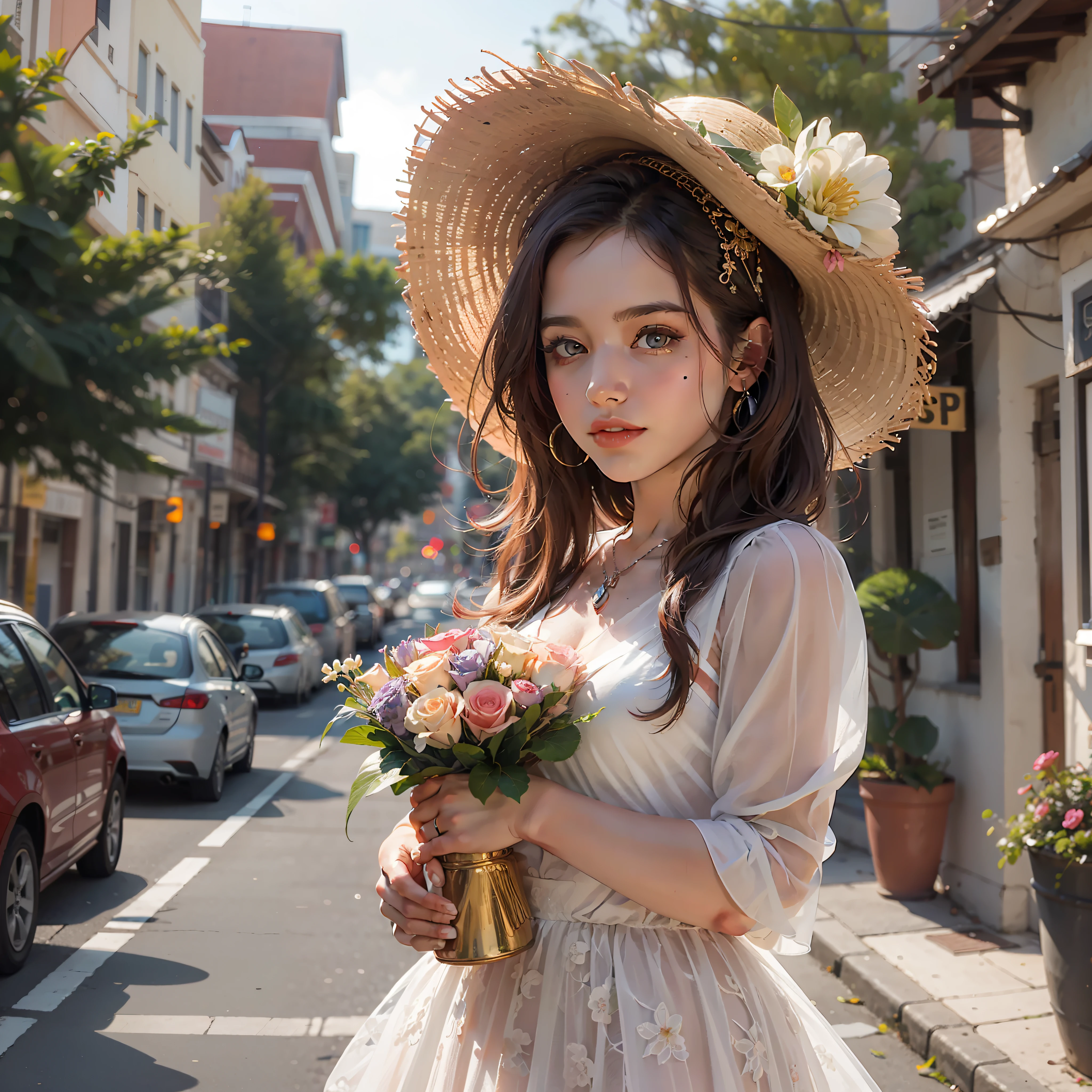 a mexican flower girl on a town street