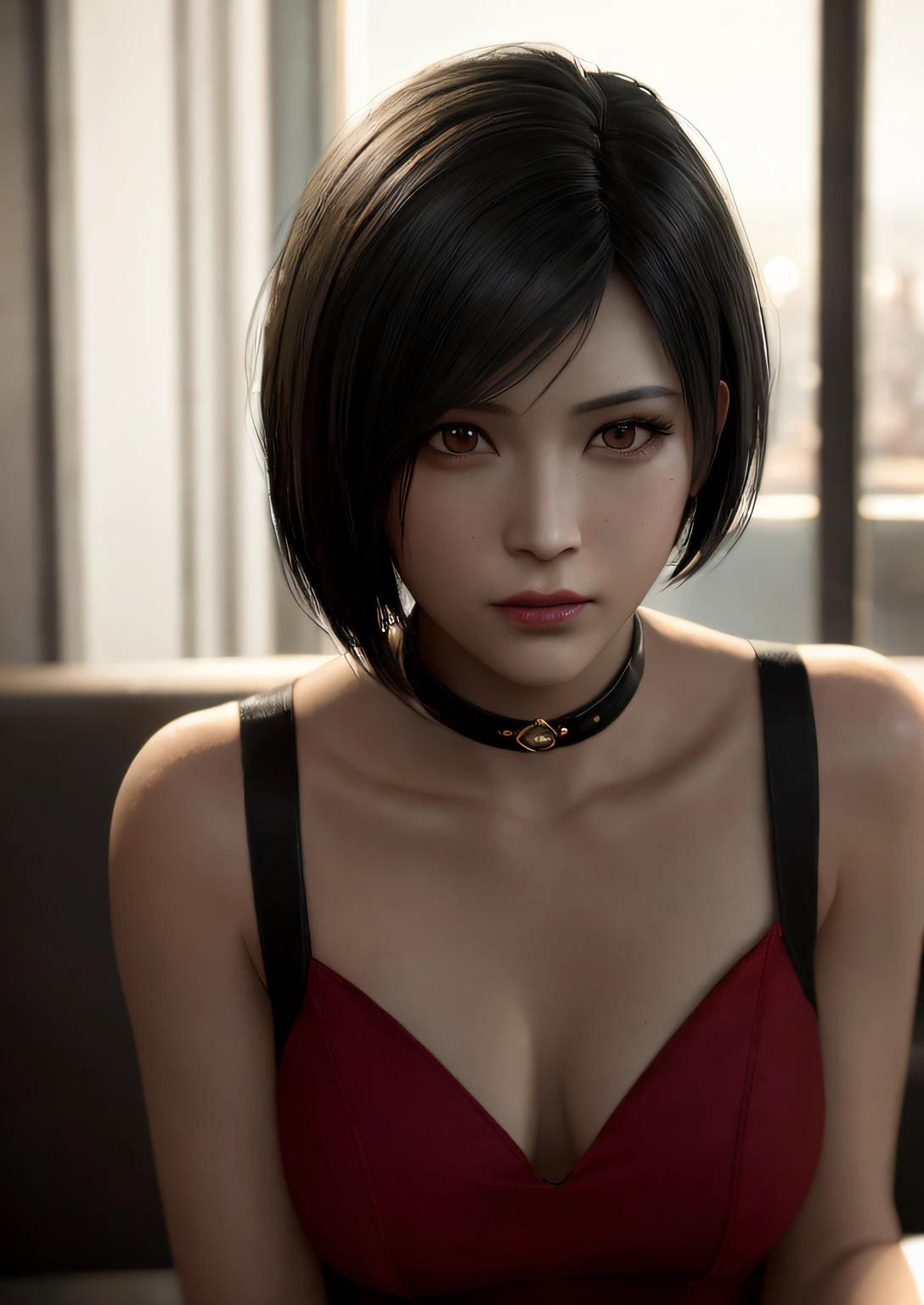 1girl, ((portrait)) of beautiful ADAWONG, looking at viewer, black hair, short hair, ((red dress)), black choker, transparent black stocking, side slit, blush, blotchy makeup, trending on Artstation, ada, realistic, athletic night, highly detailed skin, warm skin tone, ((frowning)), ((pouting)) highly detailed face, highly detailed pupils, highly detailed iris, RAW photo, best quality, high resolution, ((masterpiece)), tonemapping, photorealistic, realistic, professional photography, sharp focus, HDR, 8K resolution, intricate detail, sophisticated detail, hyper detailed, (depth of field), highlight and shadow, volumetric lighting, golden hours lighting, professional light, ,inside a cafe, beside a window, highly detailed background, bokeh, sfw,