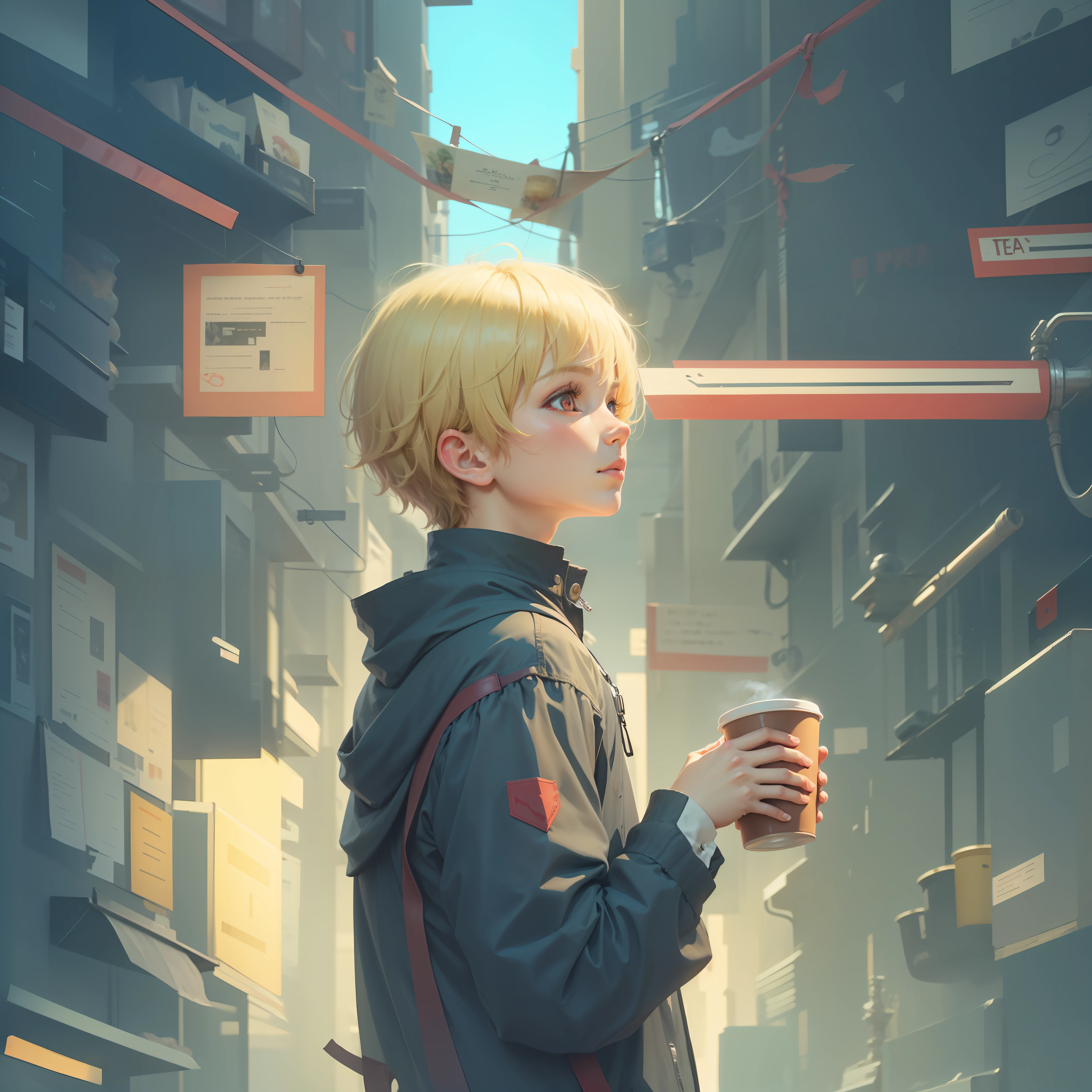 Blonde boy with red eyes,Holding a cup of black tea in his hand