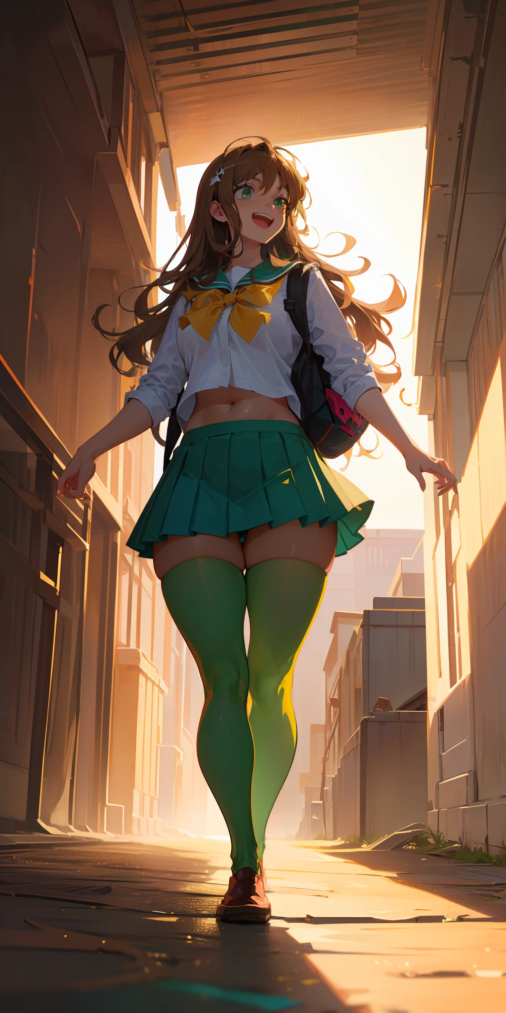 ((masterpiece)), ((best quality)), ((anime profile style)), ((HD 4k)), ((female character)), ((High school girl)), ((Body cute)) , girl, female face, Happy, smiling, open mouth, teeth showing, unkempt lips, ((tan skin)), brunette, ((Light green eyes)), Eyelid, Pupil, Sclera, Iris, eyebrow , eyelashes , ear, nose, ((fur)), ((long brown hair)), ((hairlight effect)), ((niigata school uniform)), (tights), school shoe, ((backpack on back)), ((light effect on clothing)), ((light effect on body)), neck, shoulders, (thin waist), ((perfect belly)), arms, ((thick legs)), ( (big thigh)), Backstory, ((walking)), details in environment, surrounding objects, ((lighting)), viewer's view