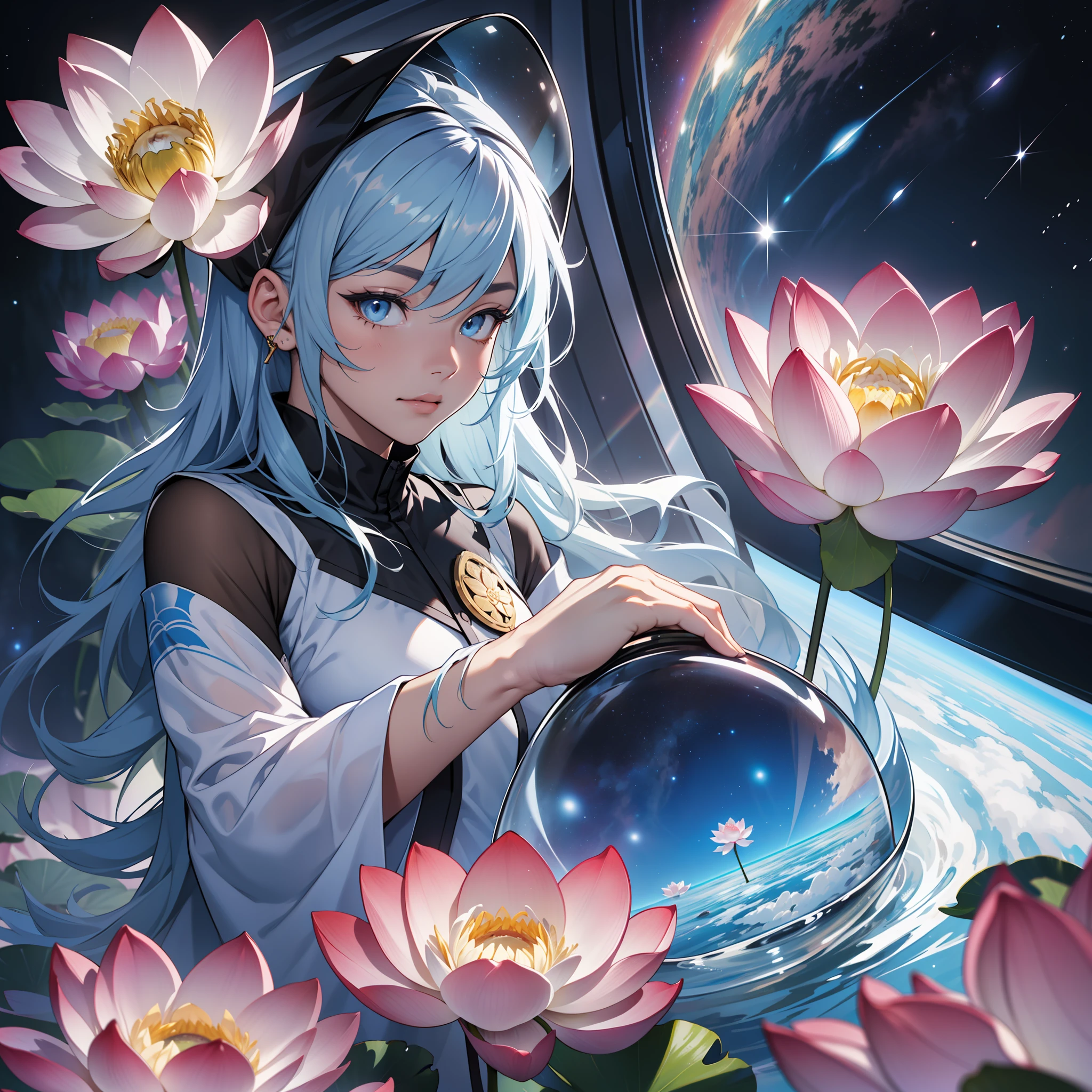 One guy，Drift in space，Wear transparent foam clothes，Holding a frozen lotus flower in his hand:，Broad background
Floating in space，Freedom of perspective，The shooting angle is very dynamic，Full of unknowns:1.2。The lotus flower is the theme point，Need to maintain high definition（Ultra-detailed），Color needs to strike a balance between warm and cold:1.3，The lotus needs to be cold（Blue highlighted）。The characters are small，Should be the subject of the picture，But it lives up to its name，It is better to show nobility:1.2，Preferably blue eyes，Highlight the mysterious temperament，and priority :1.4。Foam clothes need to depict a sense of transparency:1.2，and soft texture:0.8。The space and galaxies outside the window should take up most of the picture，There may be a small number of near-nebulae in the foreground，Figures and lotus flowers are ornaments with high saturation of colors。