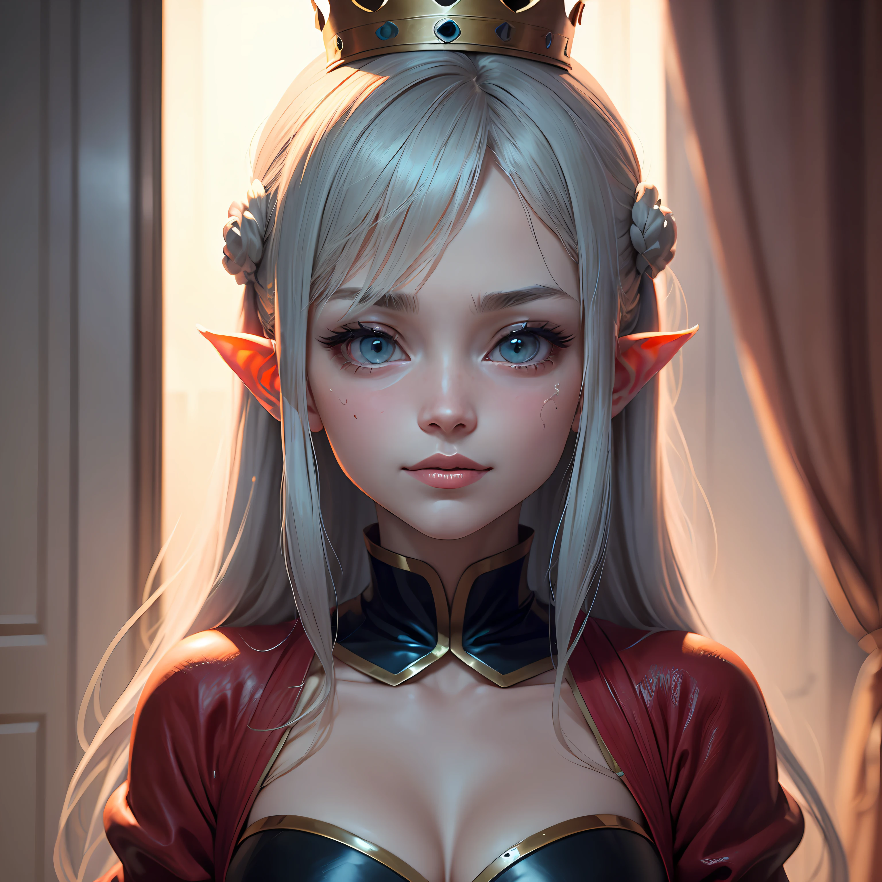 wince, pointy ears, empty eyes, long hair, crown, sad, tongue out, ear blush, seductive smile, glint, saliva trail, expressionless eyes, ahegao, tachi-e, rococo style, anime style, cinematic lighting, Ghibli-like colours, god rays, anime, 8k, super detail, ccurate, best quality, masterpiece, award winning