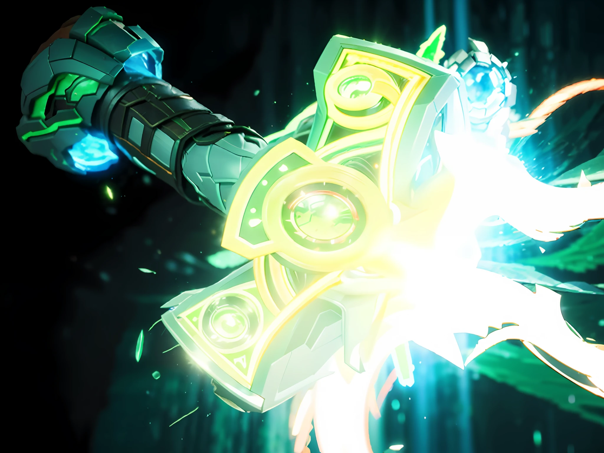 There is green light shining through the hammer with a green glow, an axe elemental, Glowing sword, Mjolnir, glowing green soul blade, massive glowing neon axe, lightning mage spell icon, torchan. Sketch, glowing sword in hand, hearthstone weapon art, arcane jayce, hammer weapon, thors hammer, Splash Art, arcane glow
