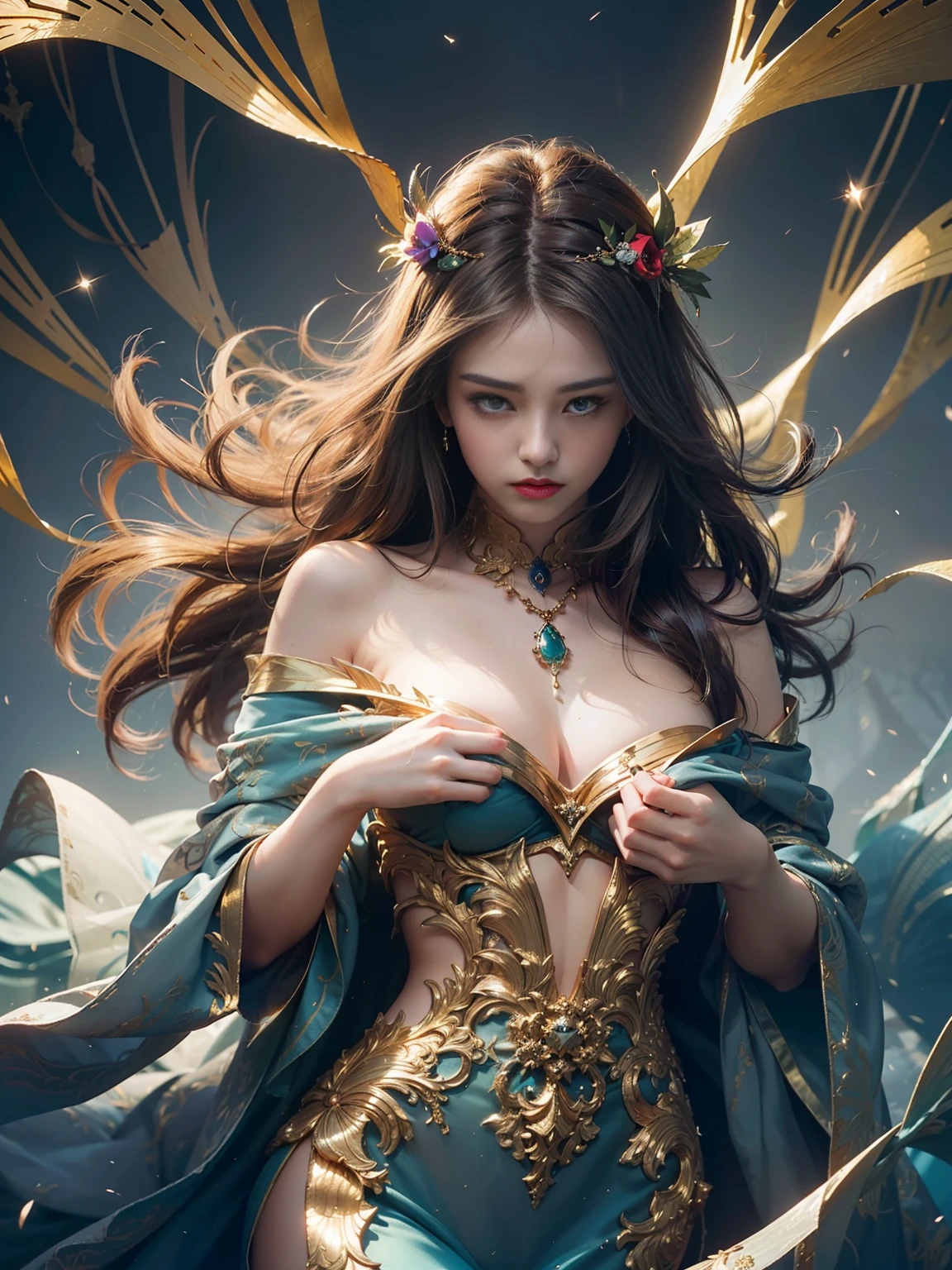 (most detailed CG unity，best quality, masterpiece),gilded with gold,Dark green clothing,Top-down view,misterious,flowy,(wild beauty:1.3), delicated,Gorgeous and delicate,(a female, stunning face:+0.1, flying dress, a sense of elegant),There is a sense of mystery，Flying blue silk。