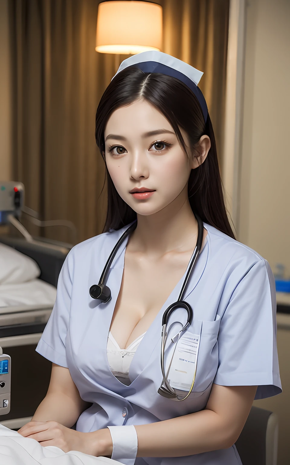 Highly detailed CG Unity 8K wallpaper, With the highest quality, super detailed, Master Piece, Realistic, photograph realistic, extremely detailed cute girl, 25 years old, ((nurse)) , blush , Round eyes, medium breasts, Chubby, looking viewer, cowboy shot , (sitting a bed in a hospital), ((crowd hospital)) , (cross legs ) , cleavage