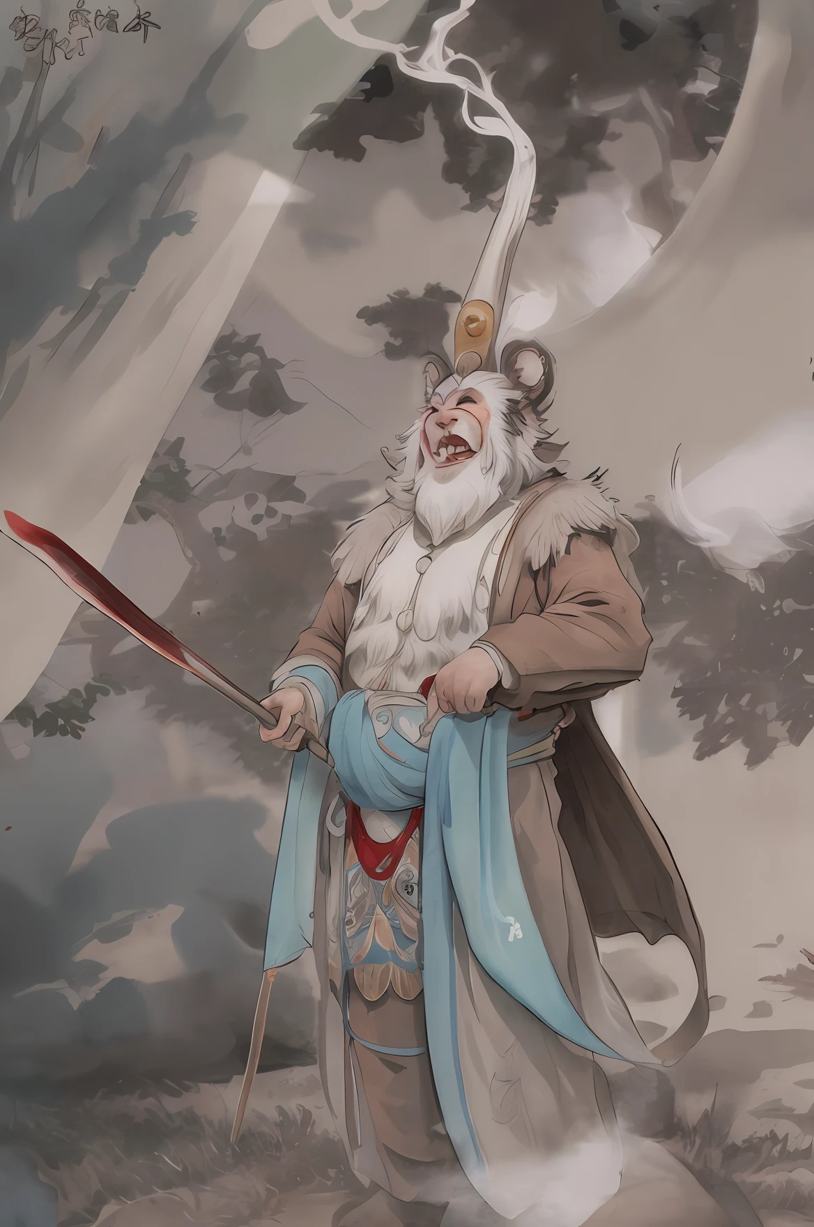 Burly Tang monk smoking with a whip Zhu Bajie laughing next to him Background in the zoo Sun Wukong is one meter tall Thin body Shed a lot of blood Picture ancient style Ink painting