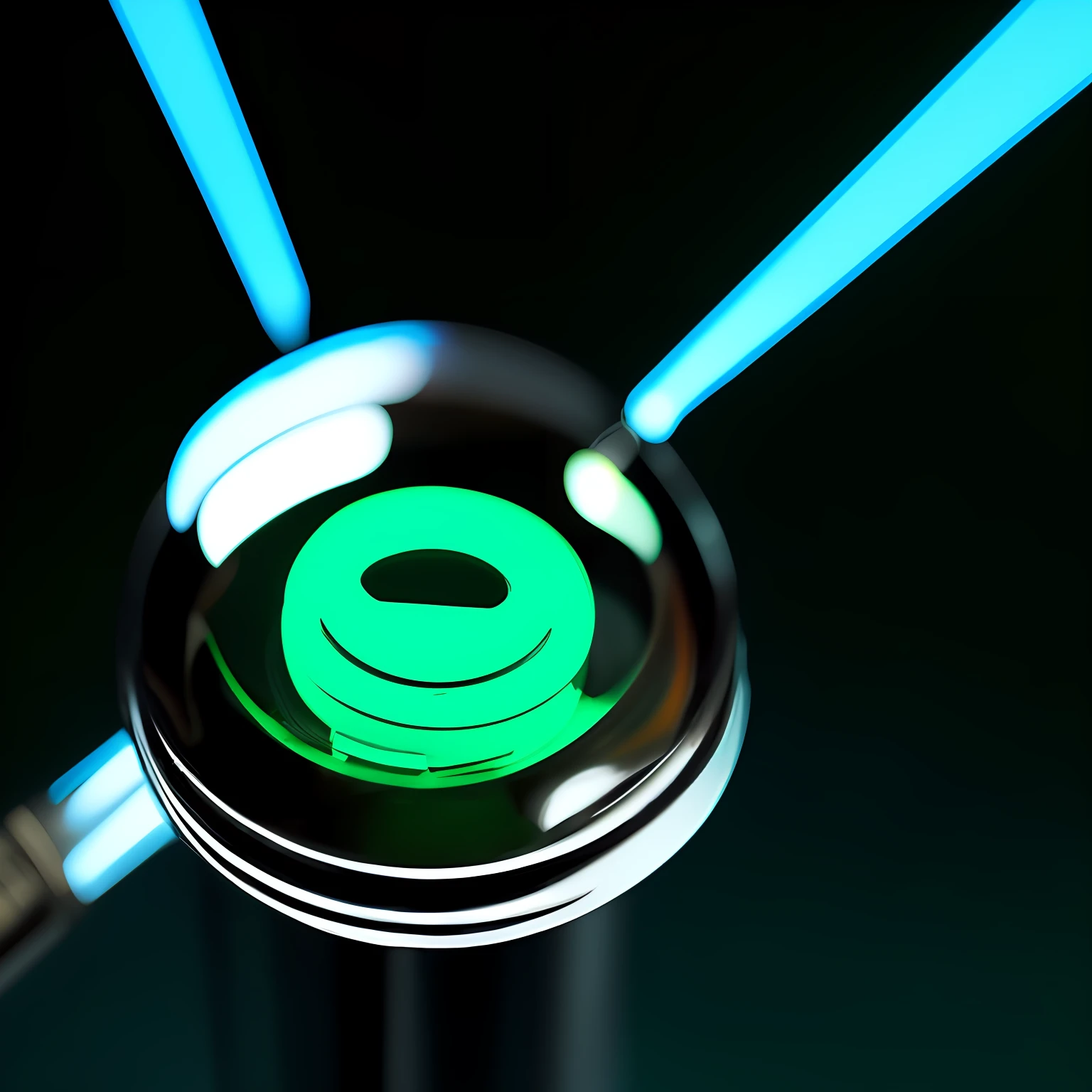 In the middle is a transparent textured button,Can be pressed,There are green lights shining on a black background, thin glowing devices, glowing neon lights, holographic krypton ion,Technology and futurism,Interactive installations