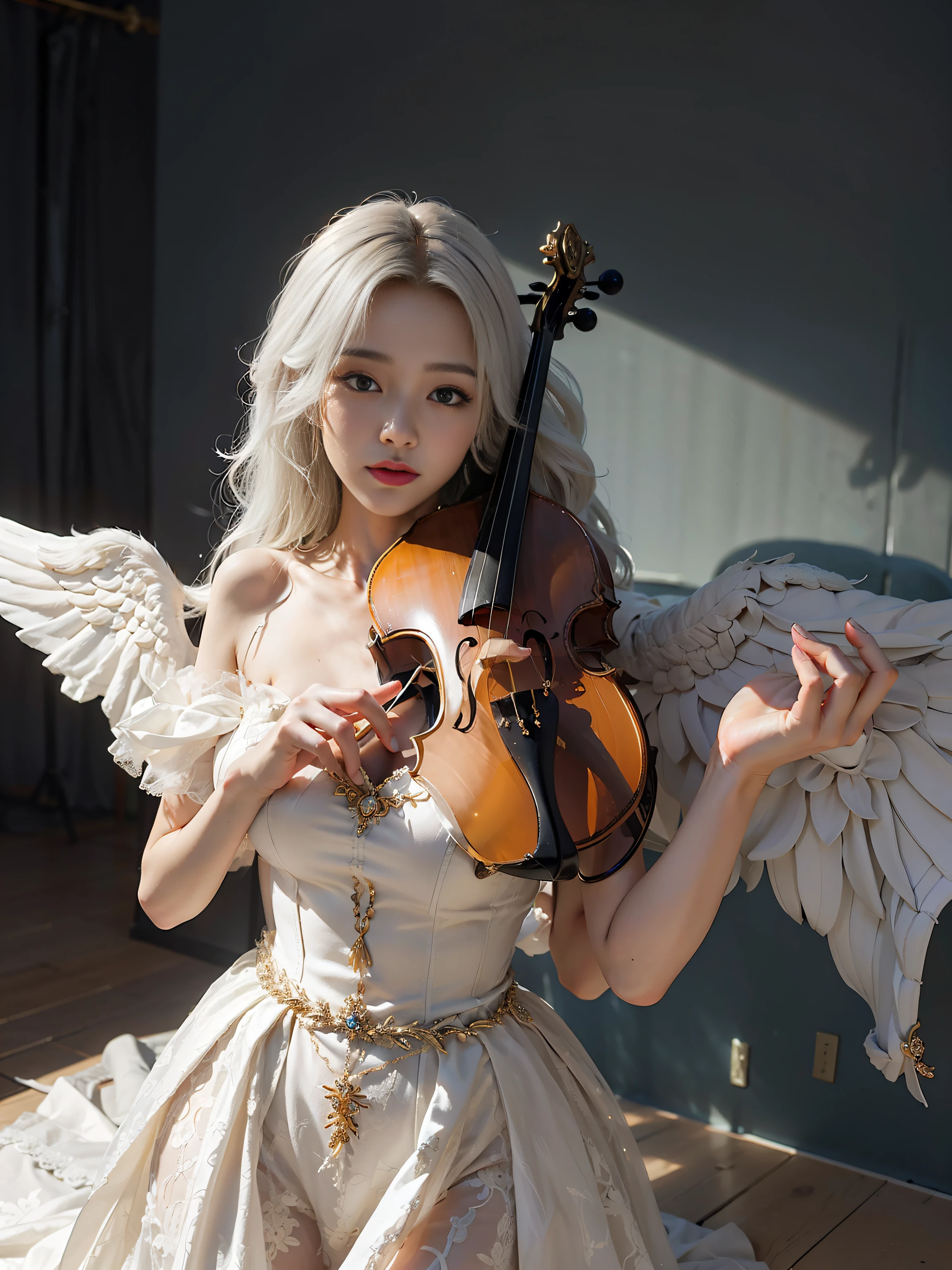 Flowing white hair,Huge and gracefully drapes down;Gold-tone diamond-set hair ornament,Showcasing luxury at its high-end level;Pure and refined face,Beautiful and moving。